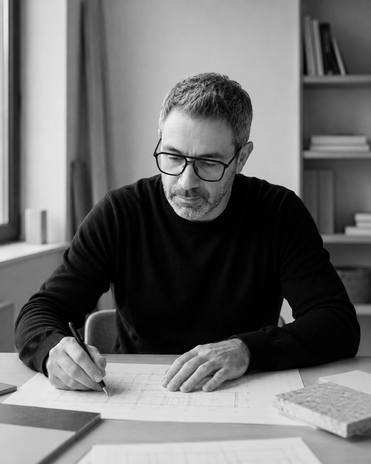Ernesto, fundador de ISOKO, dibujando sobre un plano en el estudio, en blanco y negro