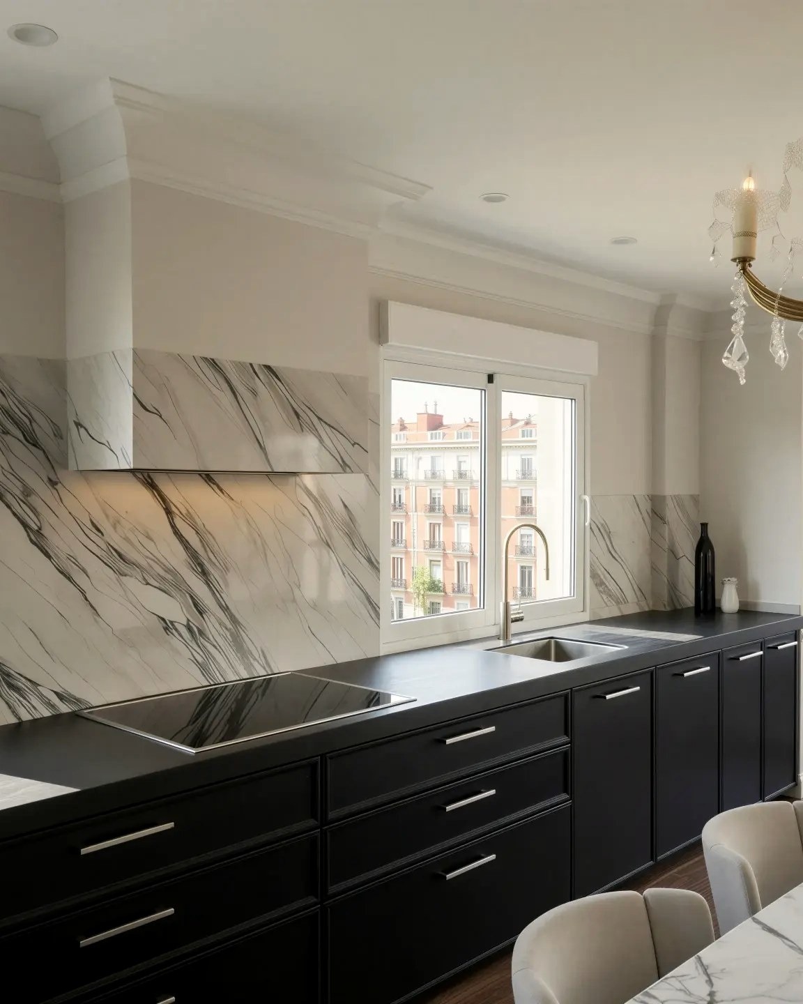 Cocina de «Mármol y noche»: frente de mármol veteado y encimera oscura bajo la luz de Madrid
