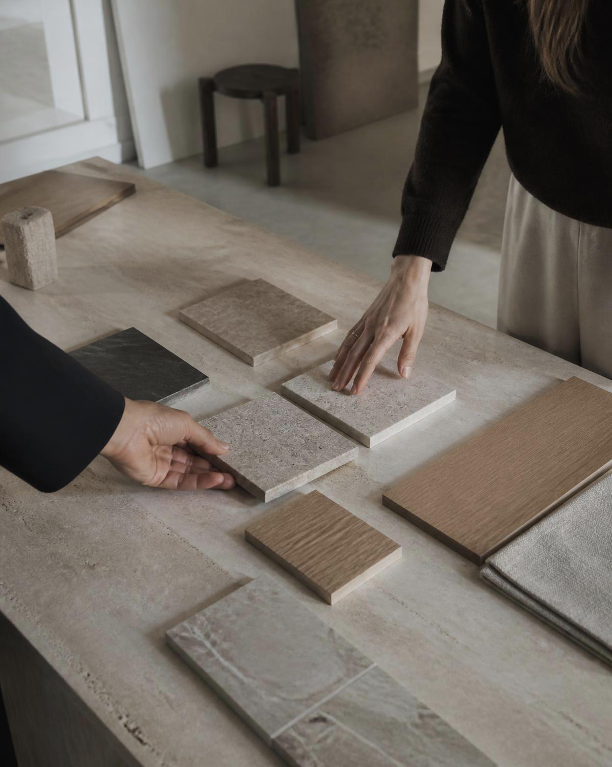 Dos personas del estudio seleccionando muestras de piedra y roble sobre una mesa de trabajo