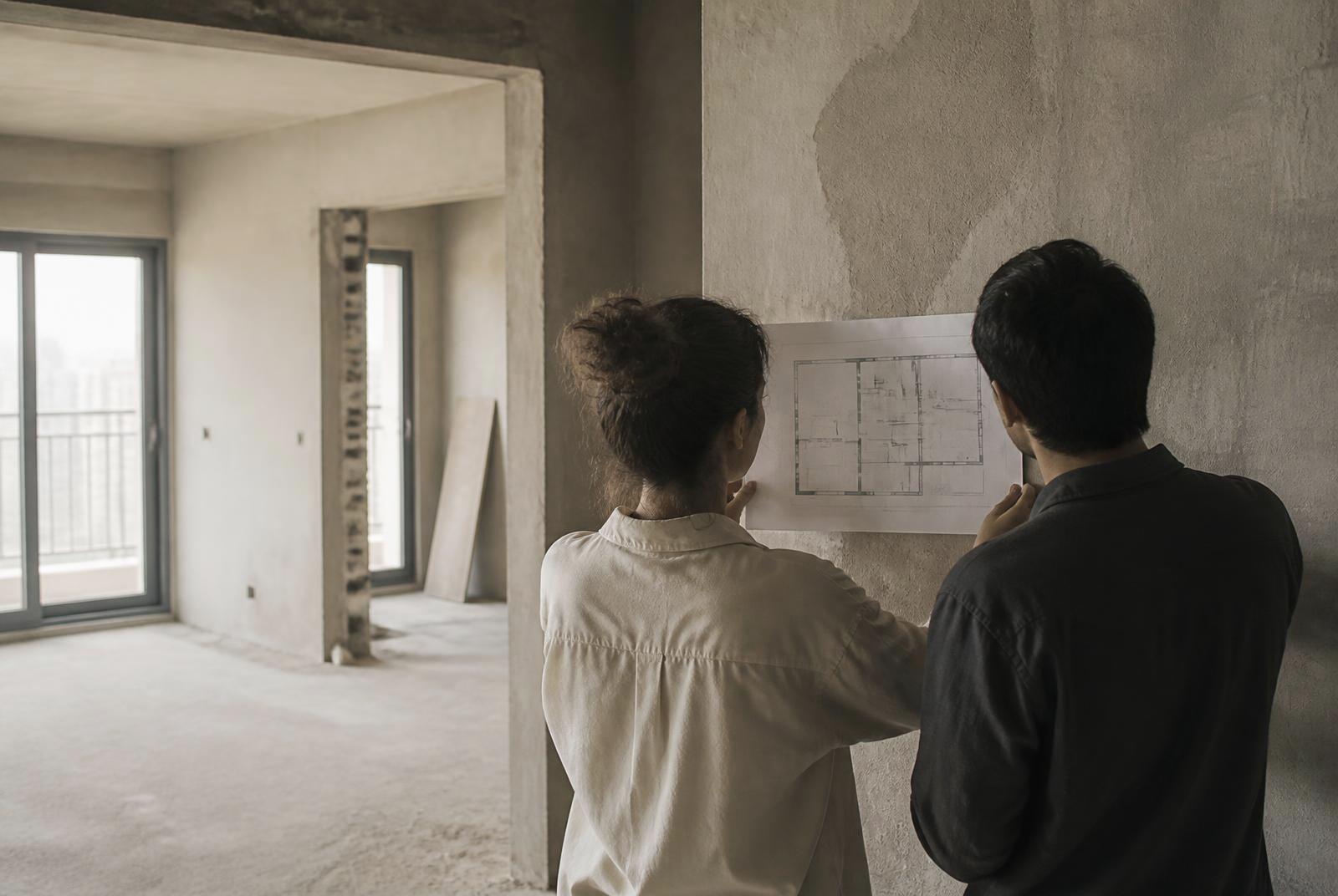Visita de obra en una vivienda sin terminar, revisando el plano sobre el muro
