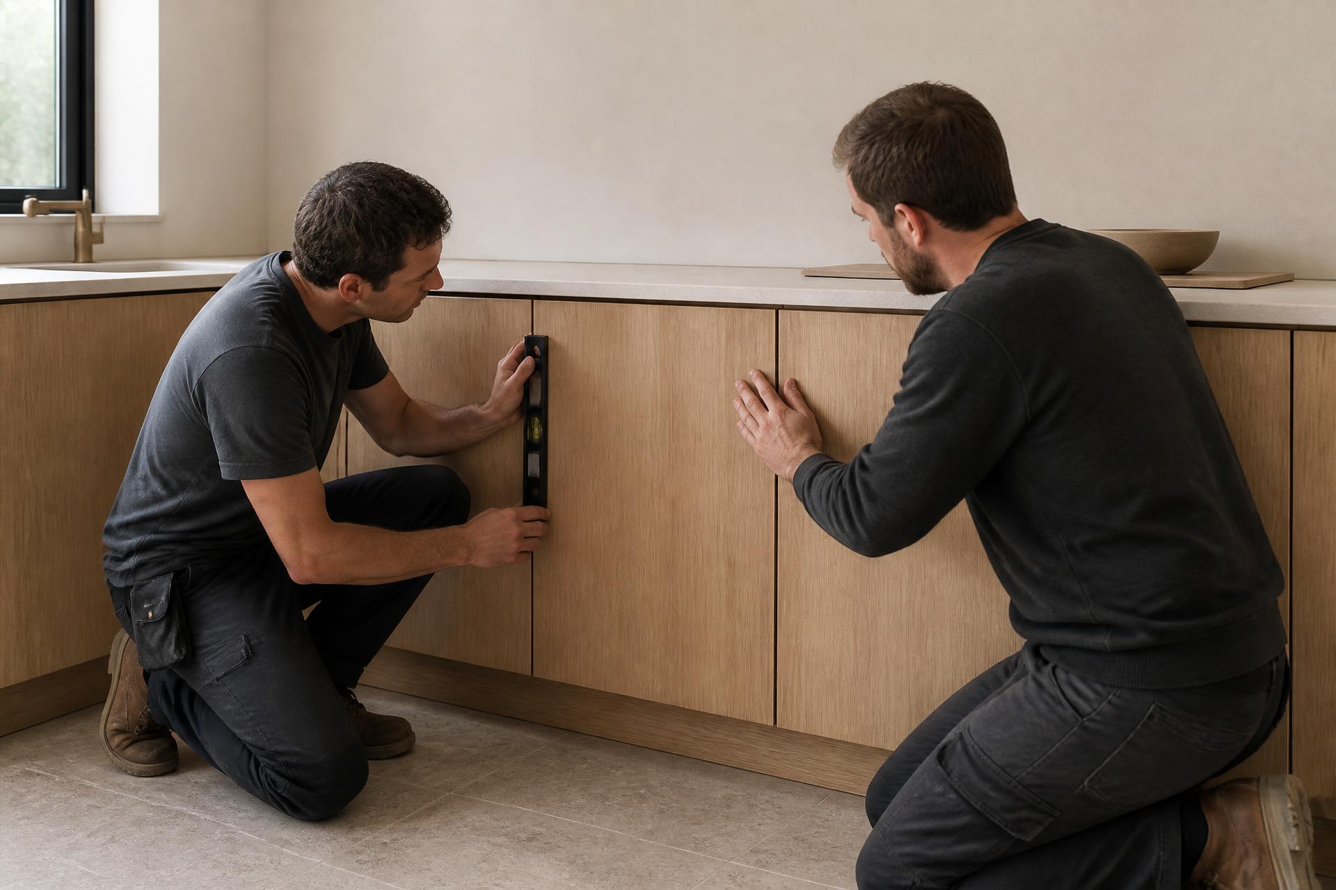 Dos instaladores comprobando con un nivel la alineación de los frentes de roble de una cocina en obra