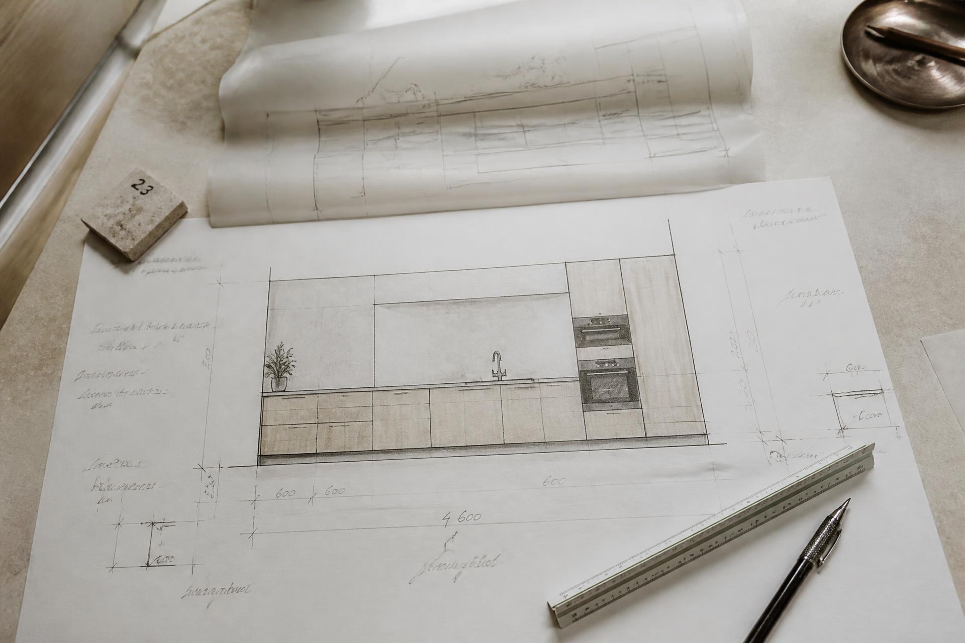 Alzado de cocina dibujado a lápiz con anotaciones y cotas, junto a un escalímetro y una muestra de piedra numerada