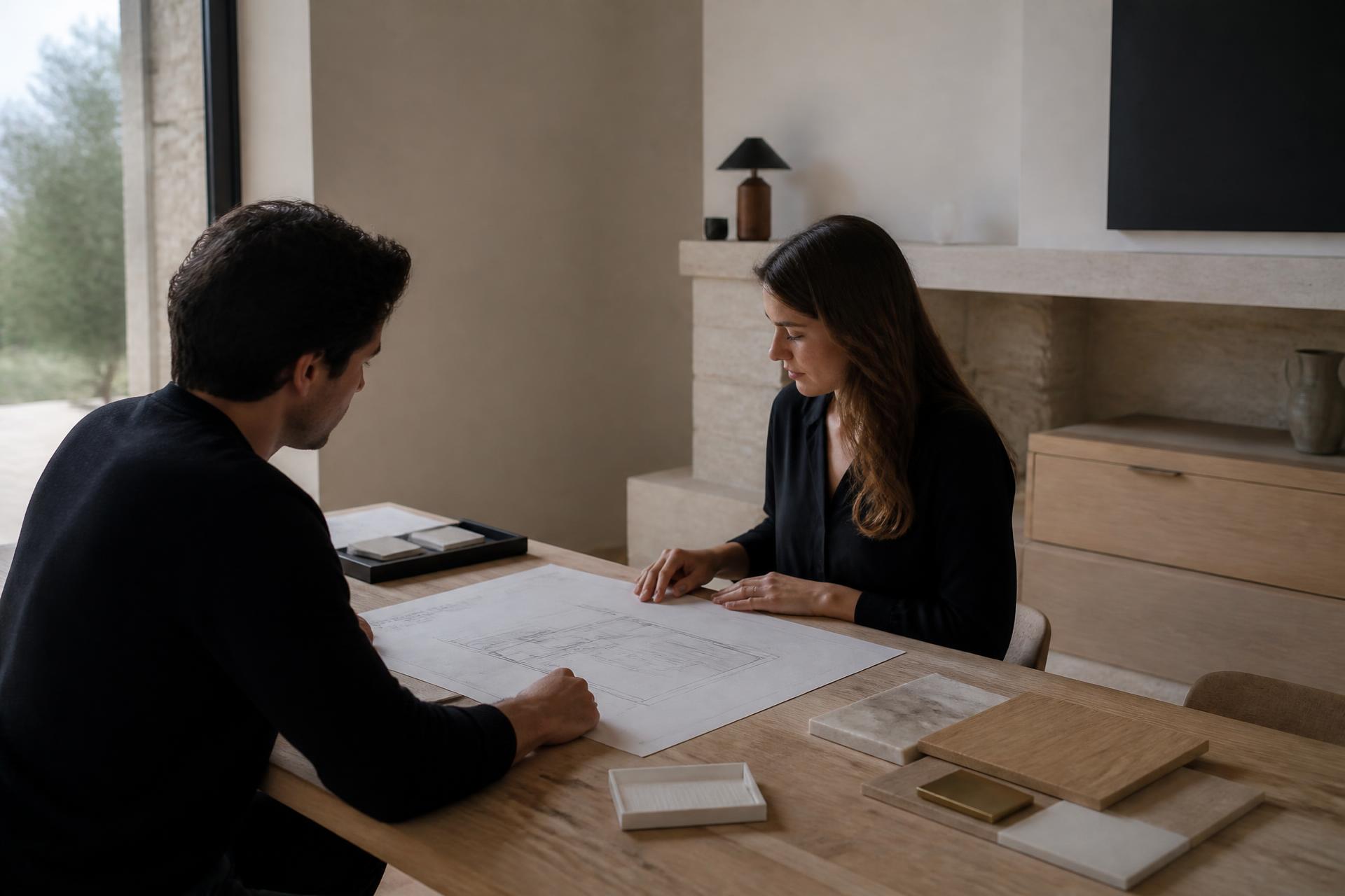 Dos personas conversan con calma sobre un plano de cocina en una mesa de roble, con muestras de materiales al margen