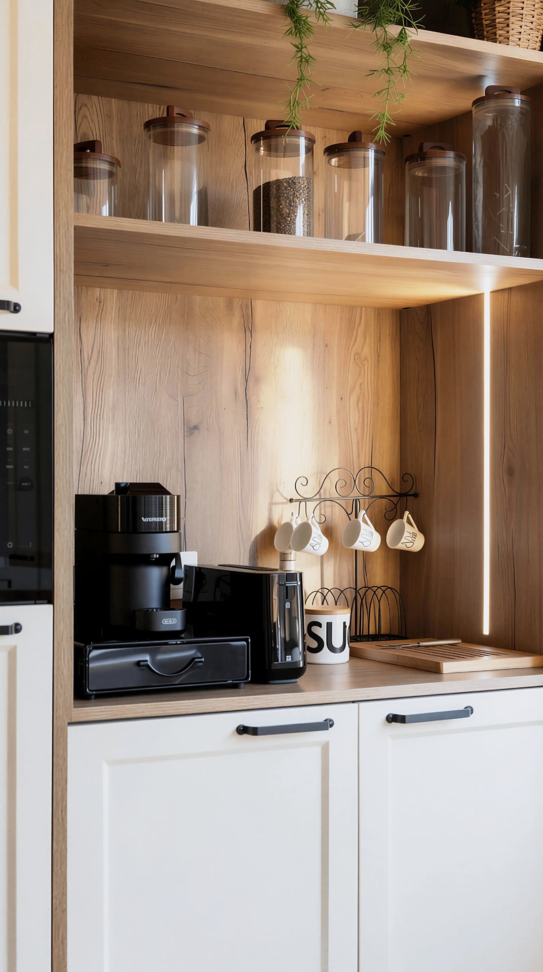 Zona de café en la hornacina de madera, con tarros de vidrio y línea de luz vertical