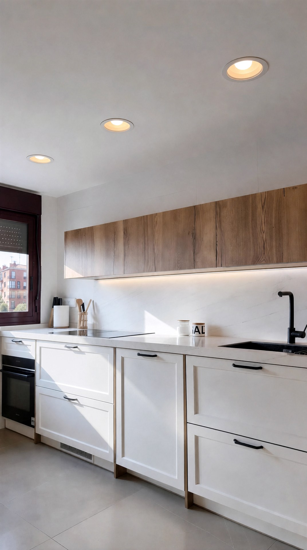 Frente de cocina con módulo alto de madera, encimera clara y luz natural desde la ventana lateral