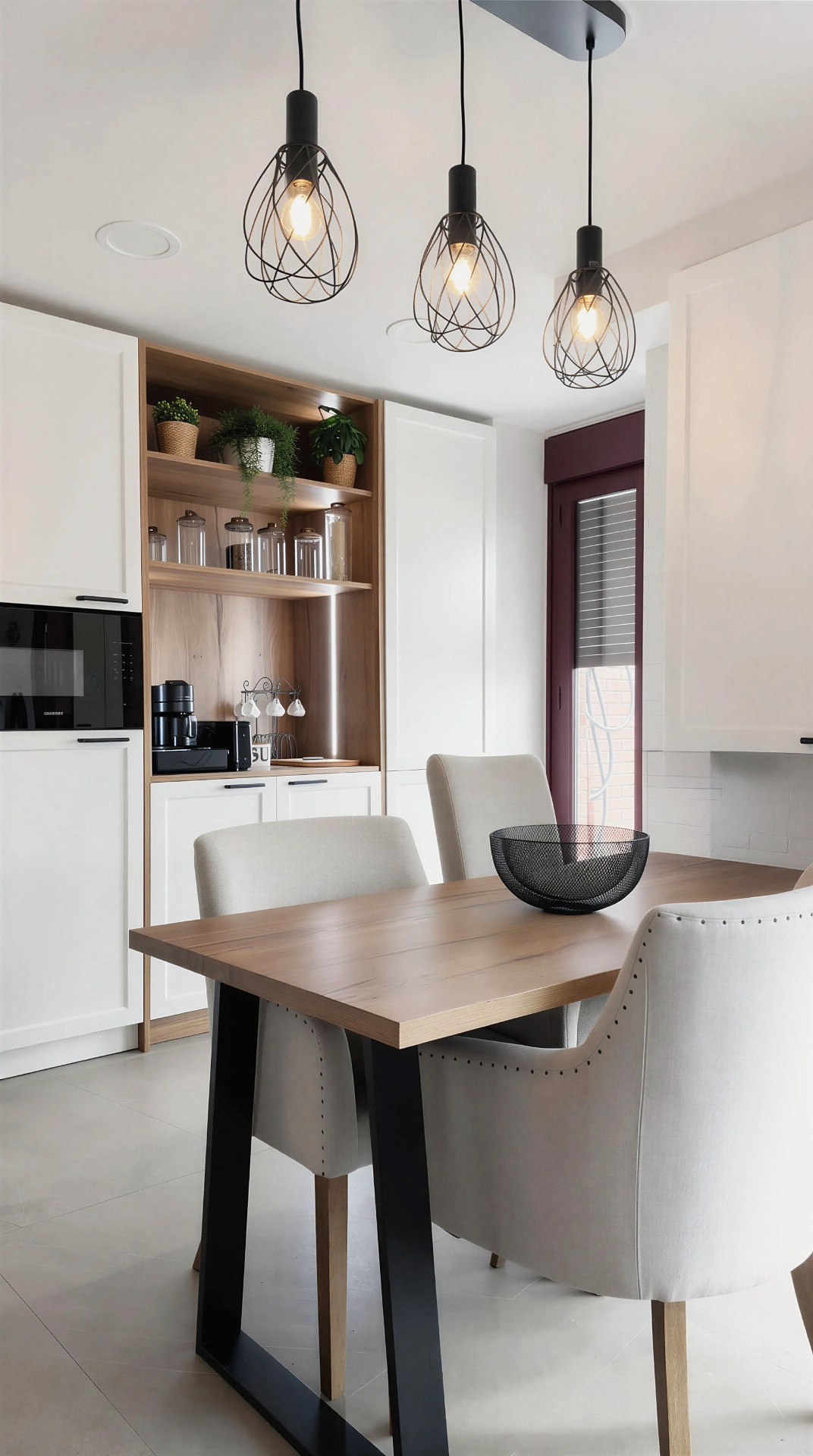 Comedor contiguo con mesa de madera, lámparas de estructura metálica y columna de office