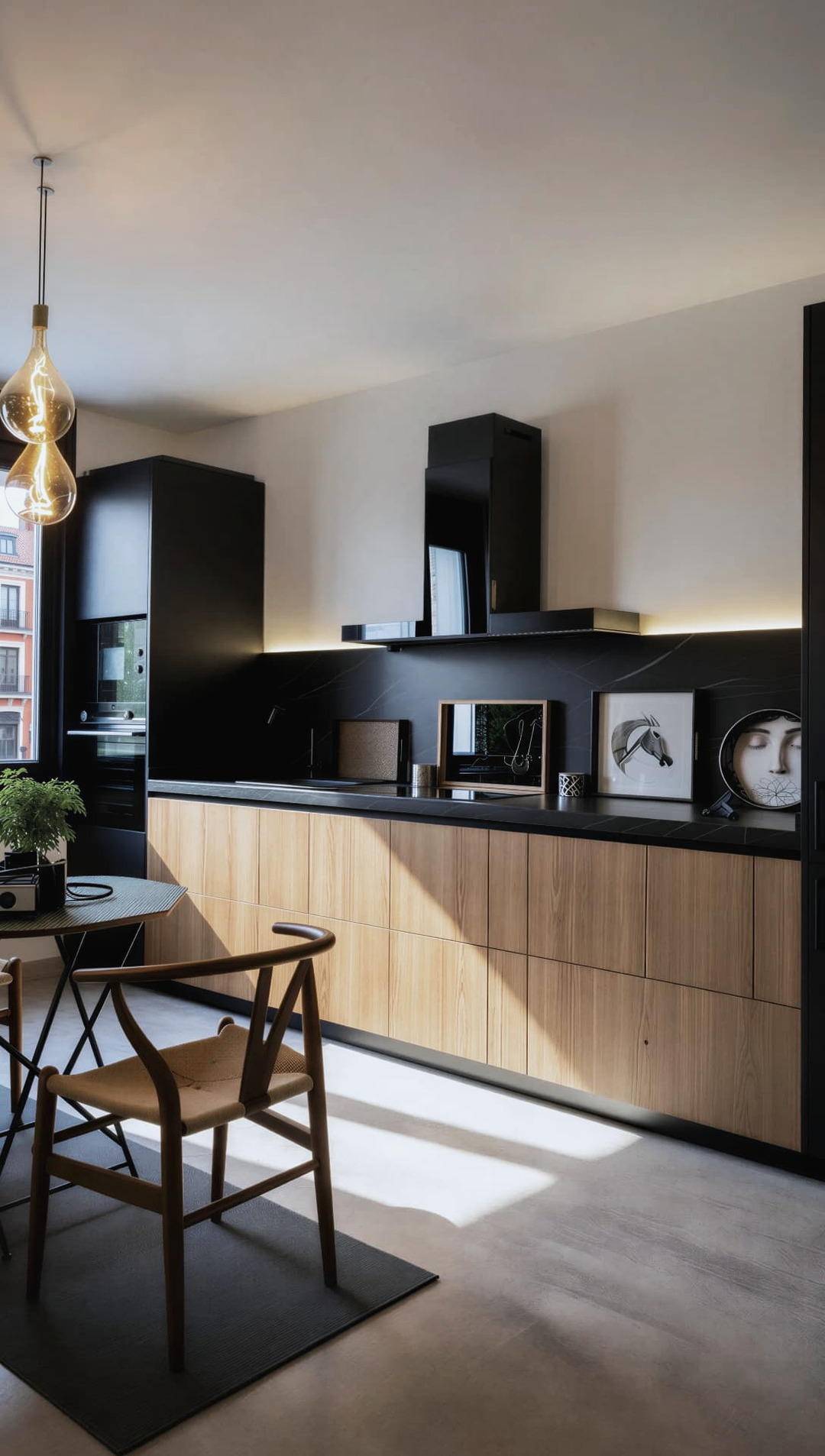 Encuadre vertical de la cocina con la luz rasante sobre los frentes de madera y la encimera oscura
