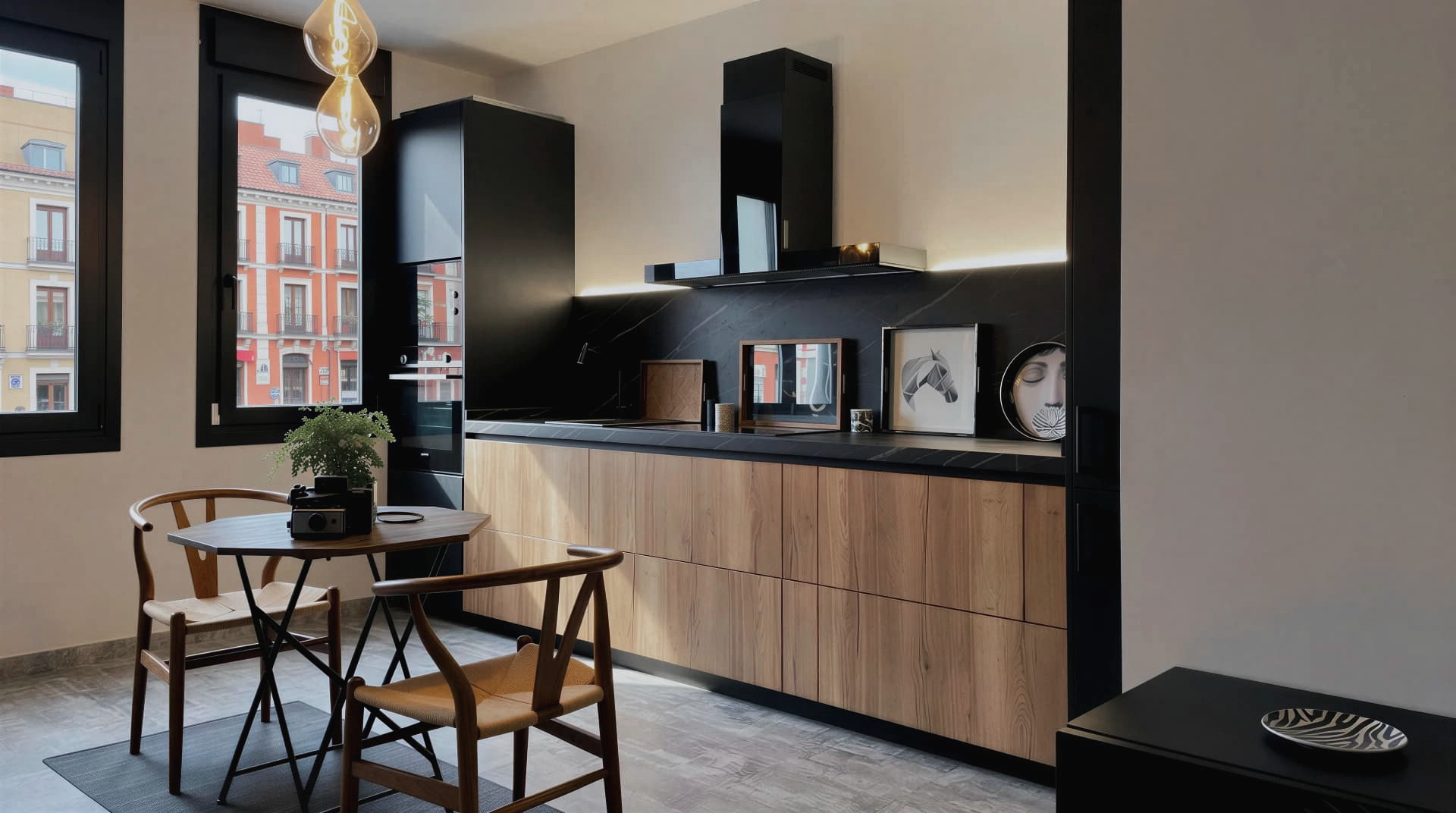 Cocina en línea con frentes bajos de madera, encimera y frente de piedra oscura veteada y ventanas al patio de Madrid