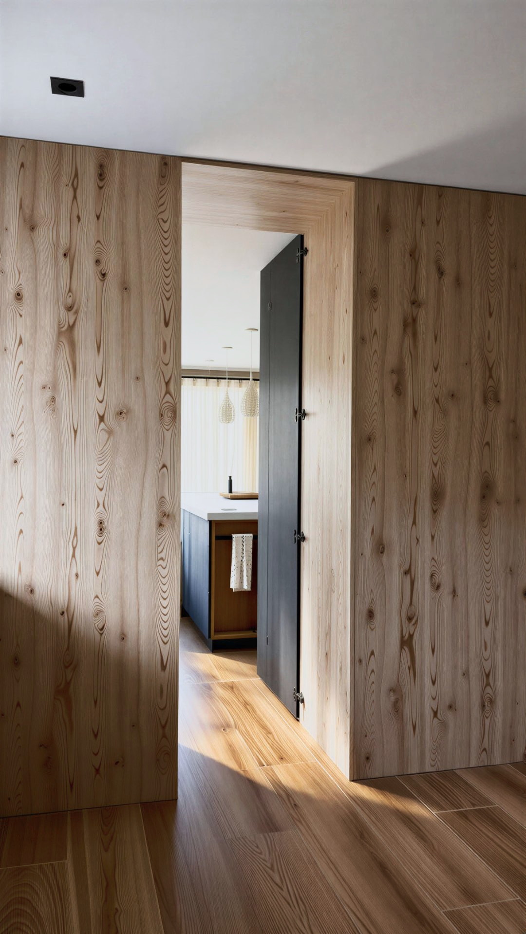 Paso revestido de madera con la puerta oscura entreabierta hacia la cocina