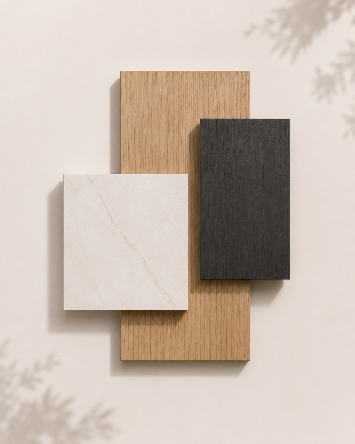 Composición de roble natural, roble lacado antracita y porcelánico blanco veteado sobre fondo claro