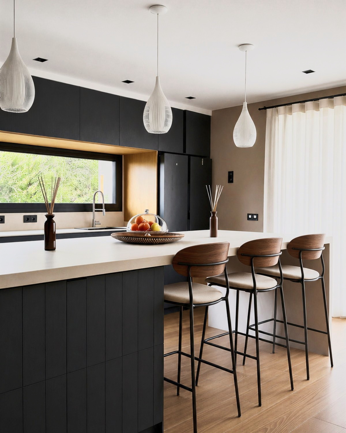 Península de encimera clara con taburetes de madera, ventana horizontal y lámparas colgantes