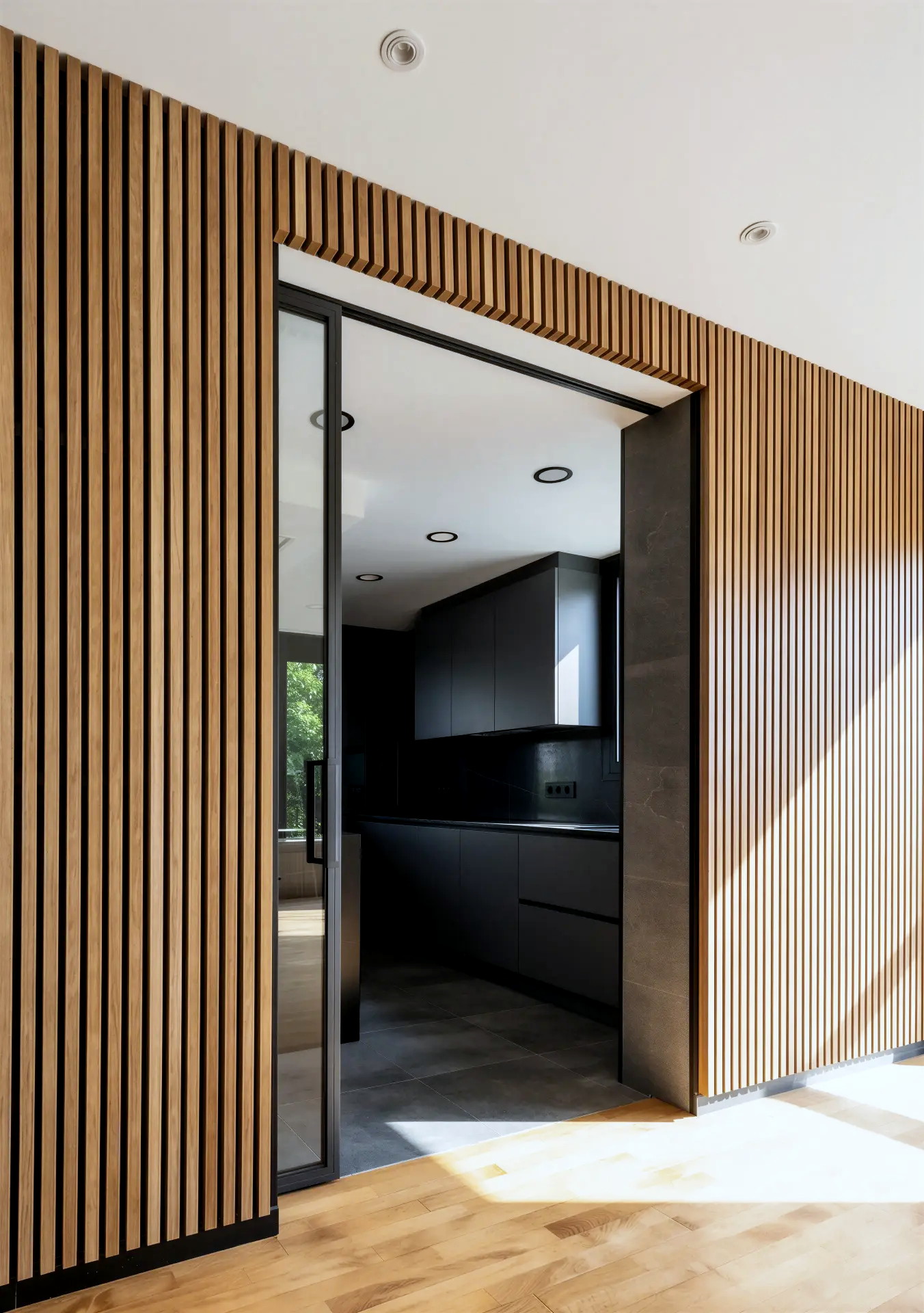 Puerta corredera abierta entre el frente de listones de madera y la cocina de frentes oscuros