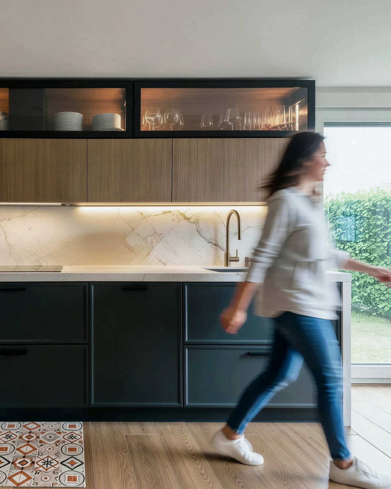Frente de cocina de lacado verde oscuro y madera ranurada con una persona cruzando la estancia
