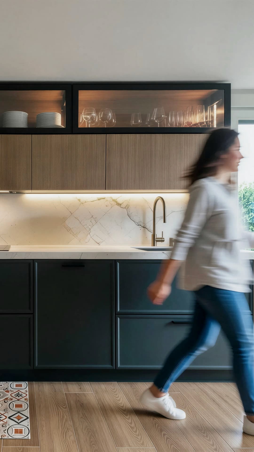 Frente de cocina de lacado verde oscuro y madera ranurada con una persona cruzando la estancia