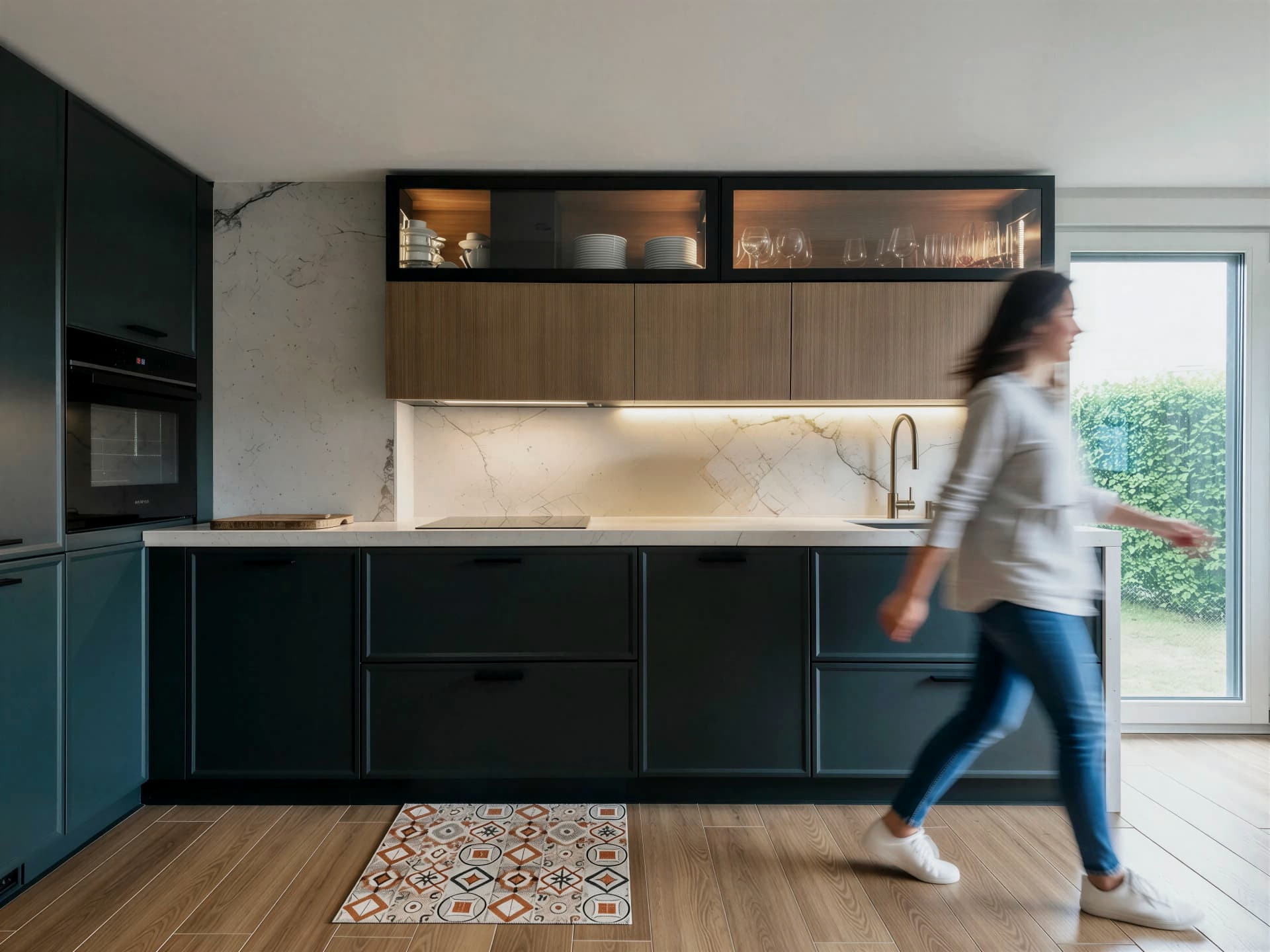 Frente completo de cocina con muebles bajos verde oscuro, encimera clara y armarios altos de madera ranurada