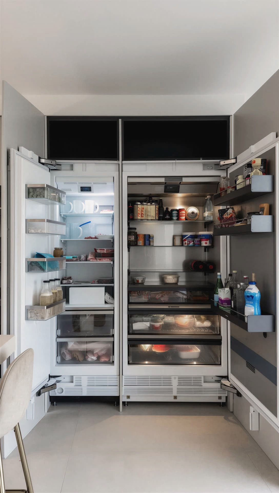 Columnas de frío integradas y abiertas al fondo del paso, alineadas con el frente de la cocina
