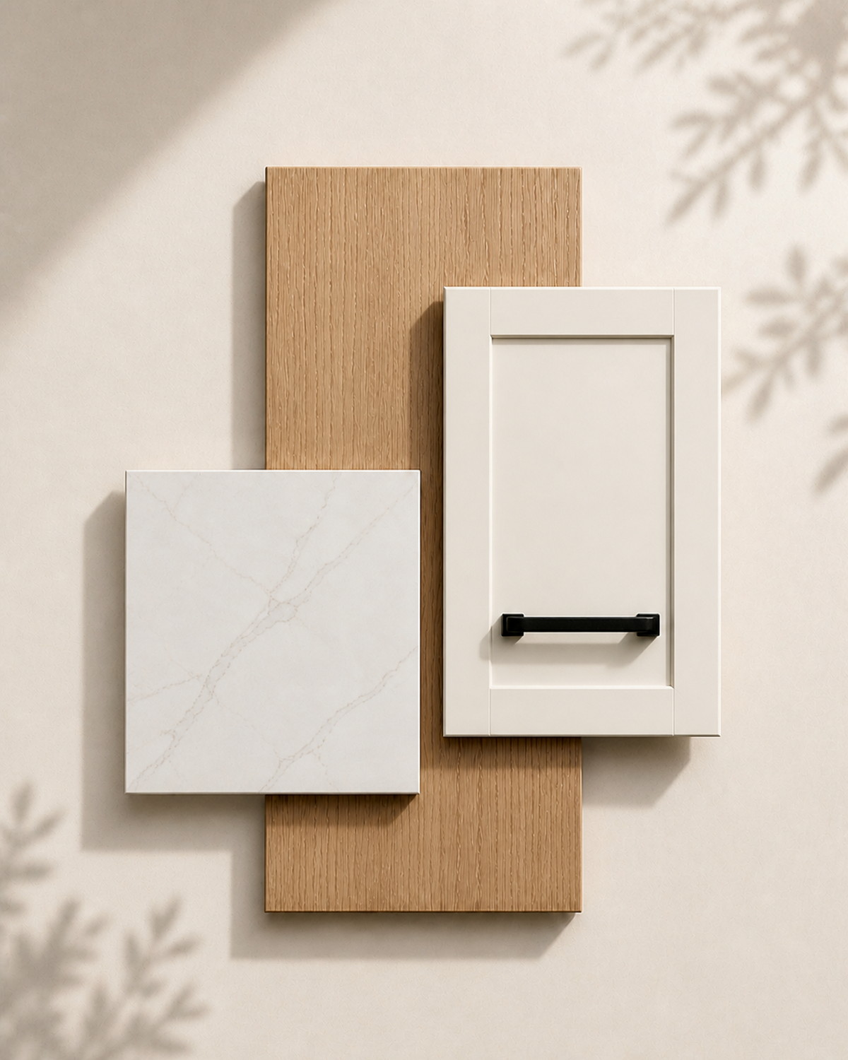 Composición de madera de roble, frente blanco enmarcado con tirador negro y piedra clara veteada
