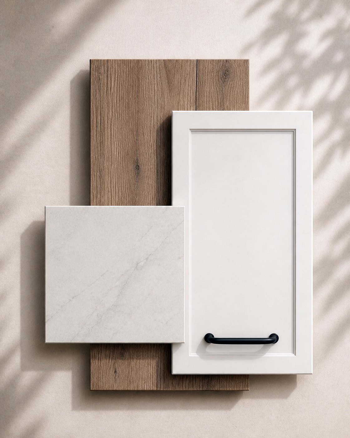 Composición de lacado claro, madera de roble y piedra clara veteada