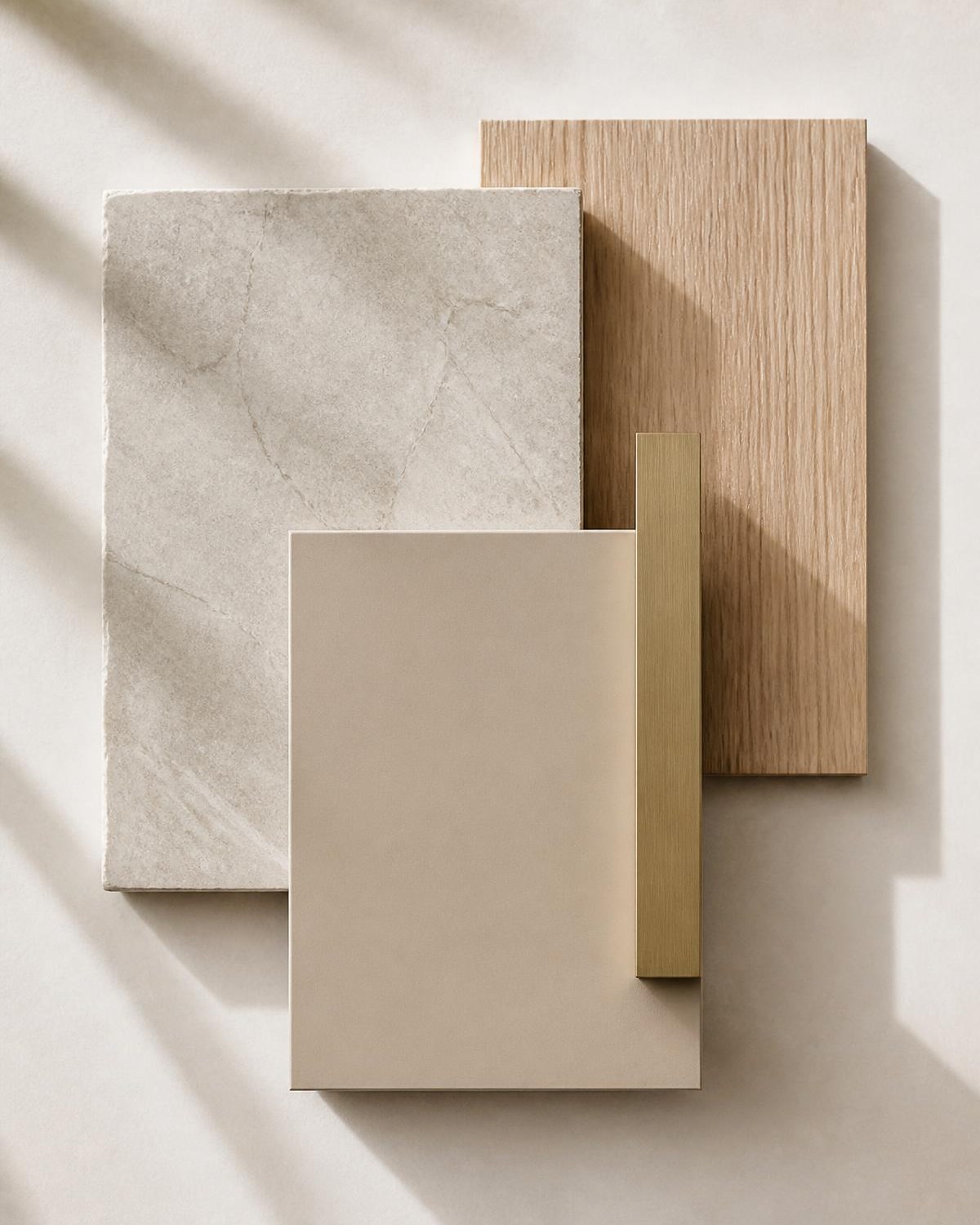 Composición de piedra clara de veta gris, madera de veta vertical, lacado arena mate y una pletina de latón cepillado