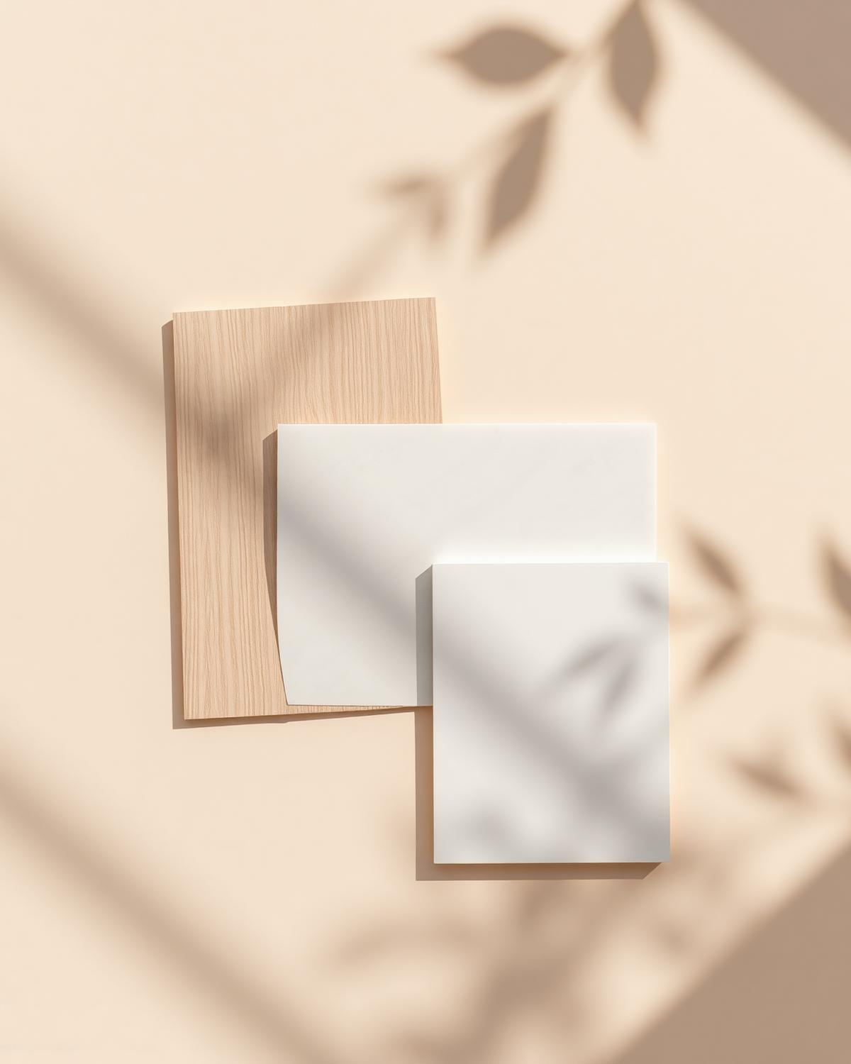 Composición de madera clara, encimera clara continua y frente lacado blanco mate