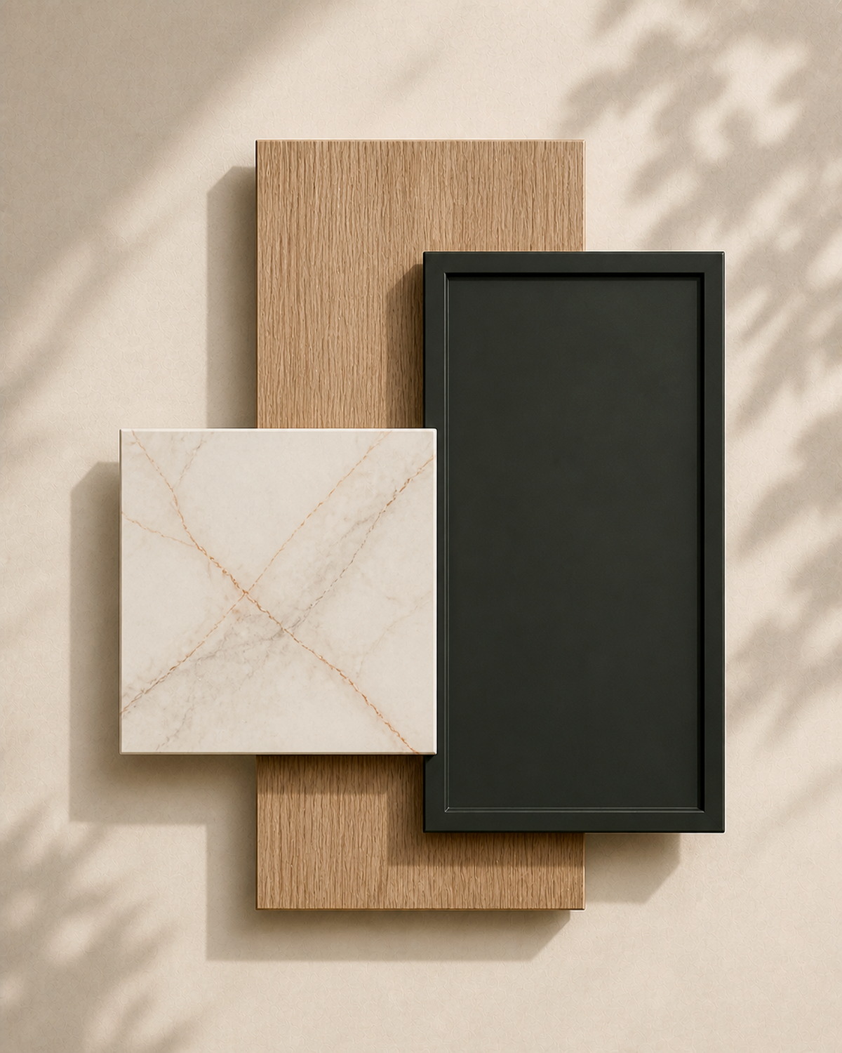 Composición de madera de roble de veta vertical, frente lacado verde oscuro y piedra blanca de veta cobriza