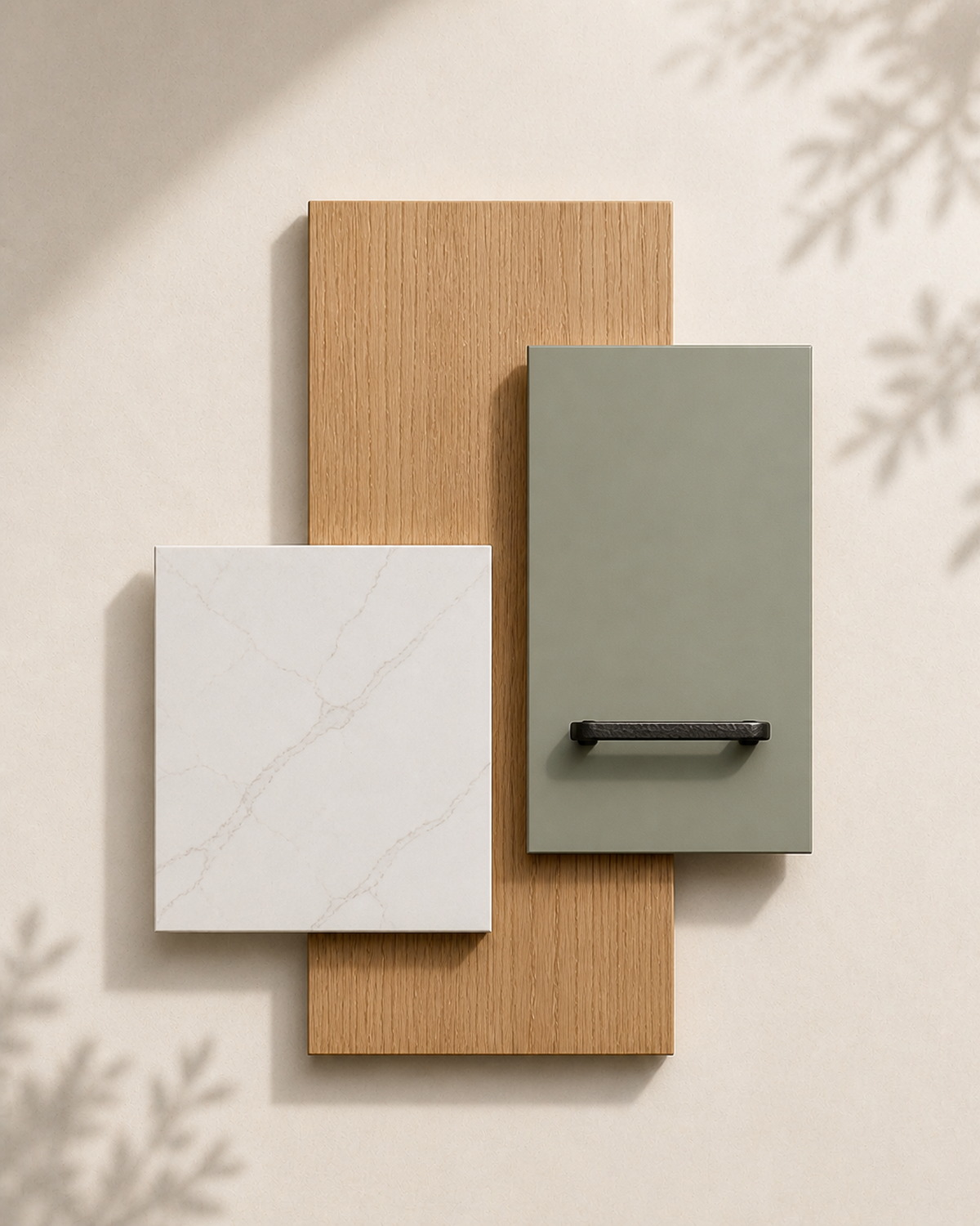 Composición de madera de roble, lacado verde salvia con tirador de hierro forjado y piedra clara veteada