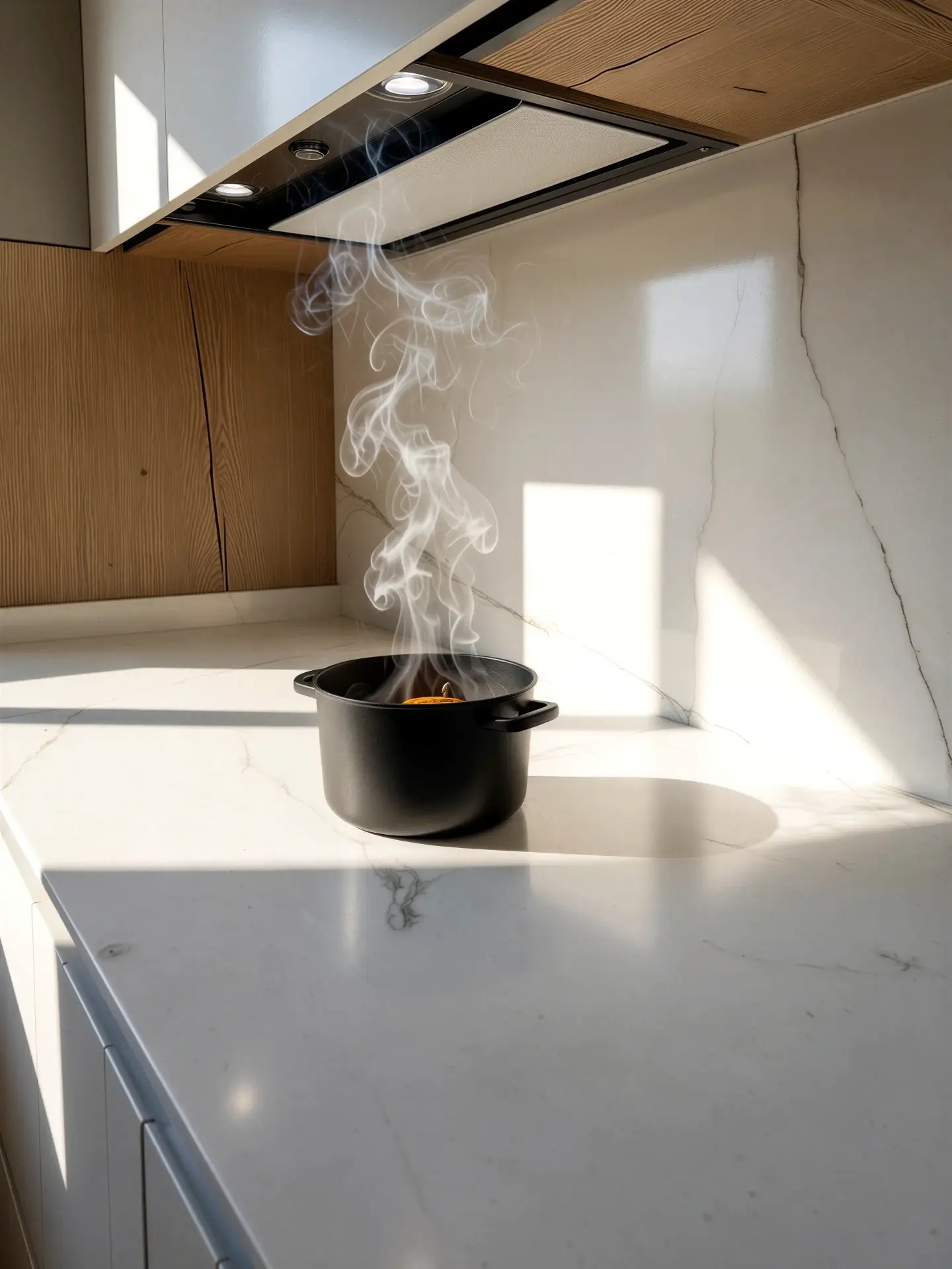 Campana, encimera veteada, olla y vapor sobre la zona de cocción