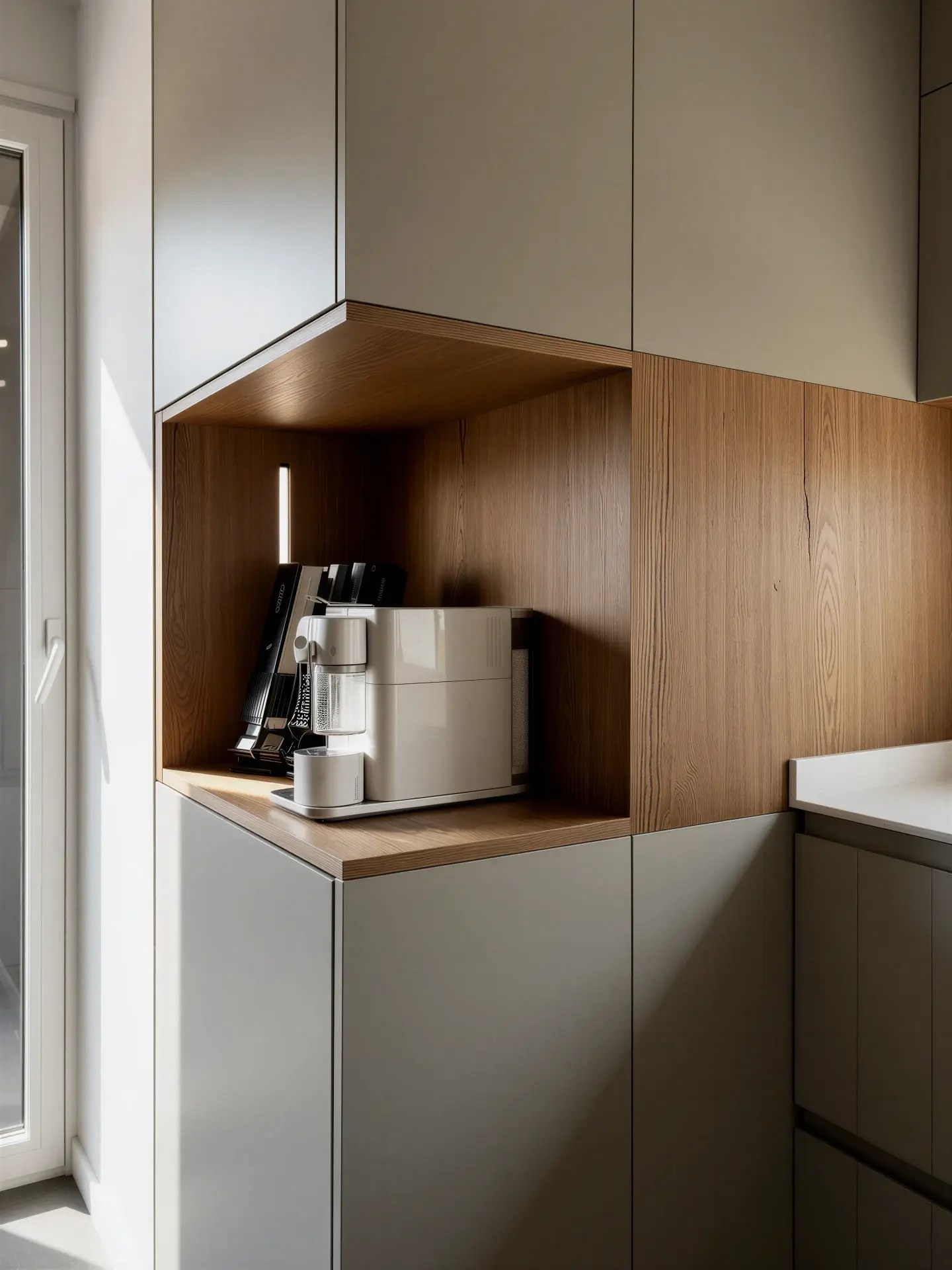 Mueble alto con hueco de cafetera y frentes de madera y gris verdoso