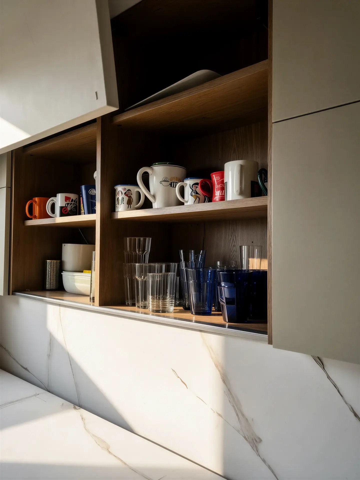Estantería con tazas, vasos y encimera blanca veteada