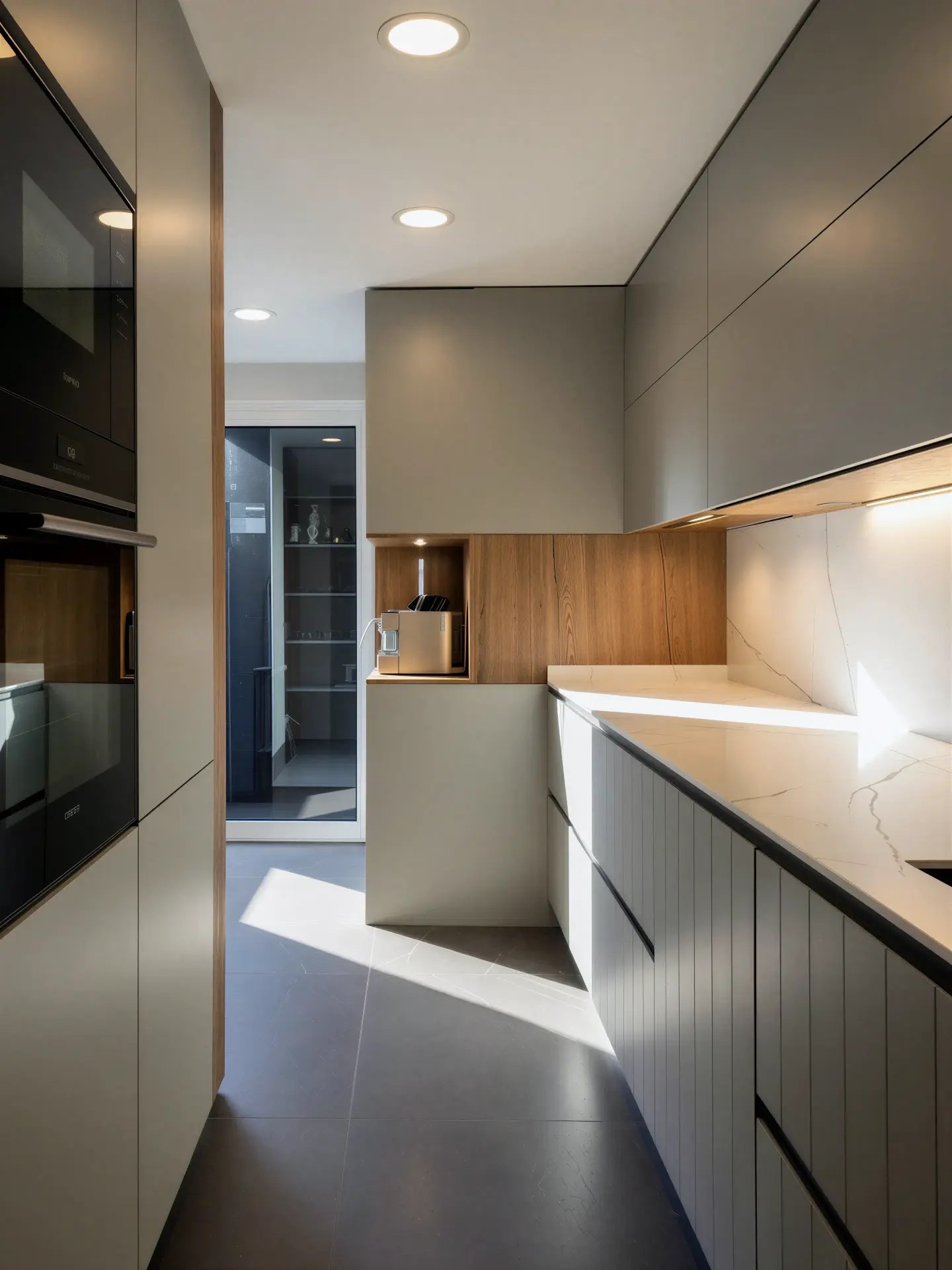 Cocina vista desde el acceso, con muebles gris verdoso, madera y luz cenital