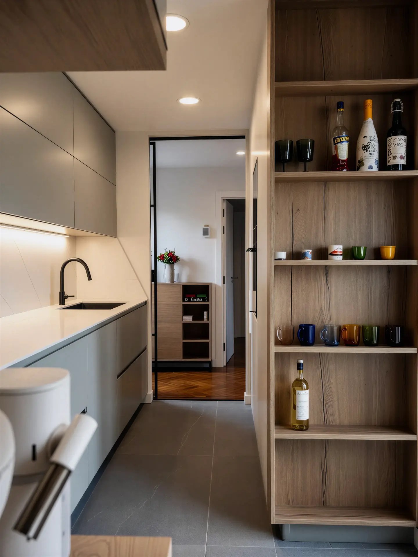 Cocina y estantería de madera con botellas, vasos y tazas