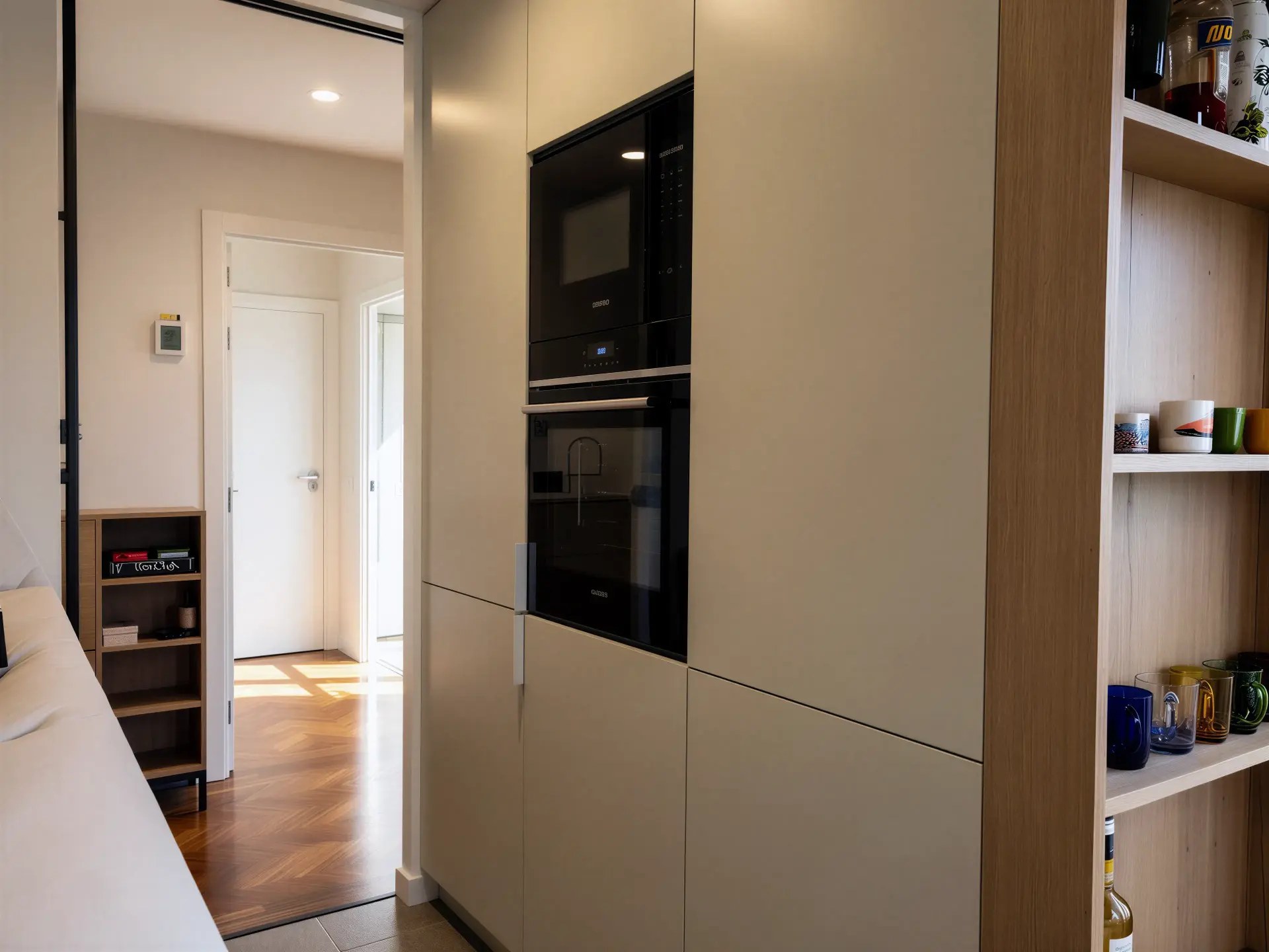 Columna de hornos, estantería de madera y conexión de la cocina con el resto de la vivienda