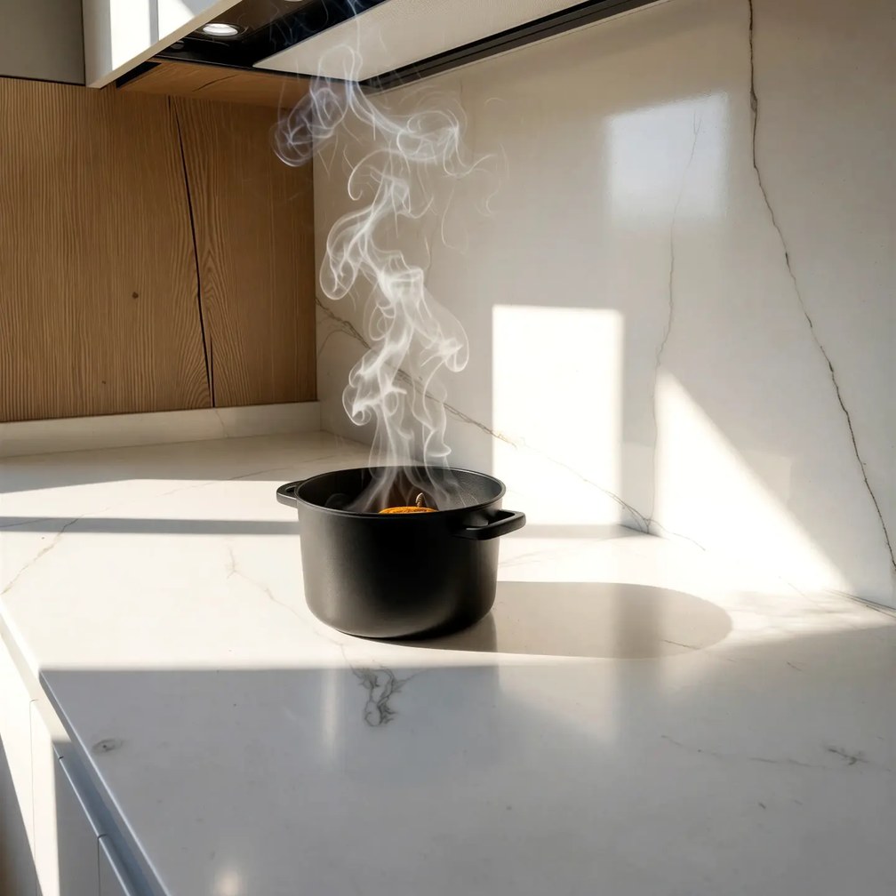 Campana y encimera veteada con olla y vapor sobre la zona de cocción