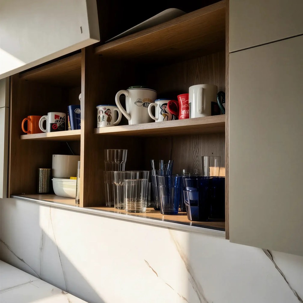 Estantería con tazas, vasos y encimera blanca veteada