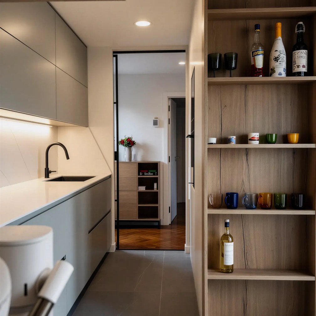 Estantería de madera con botellas, vasos y tazas junto a la encimera