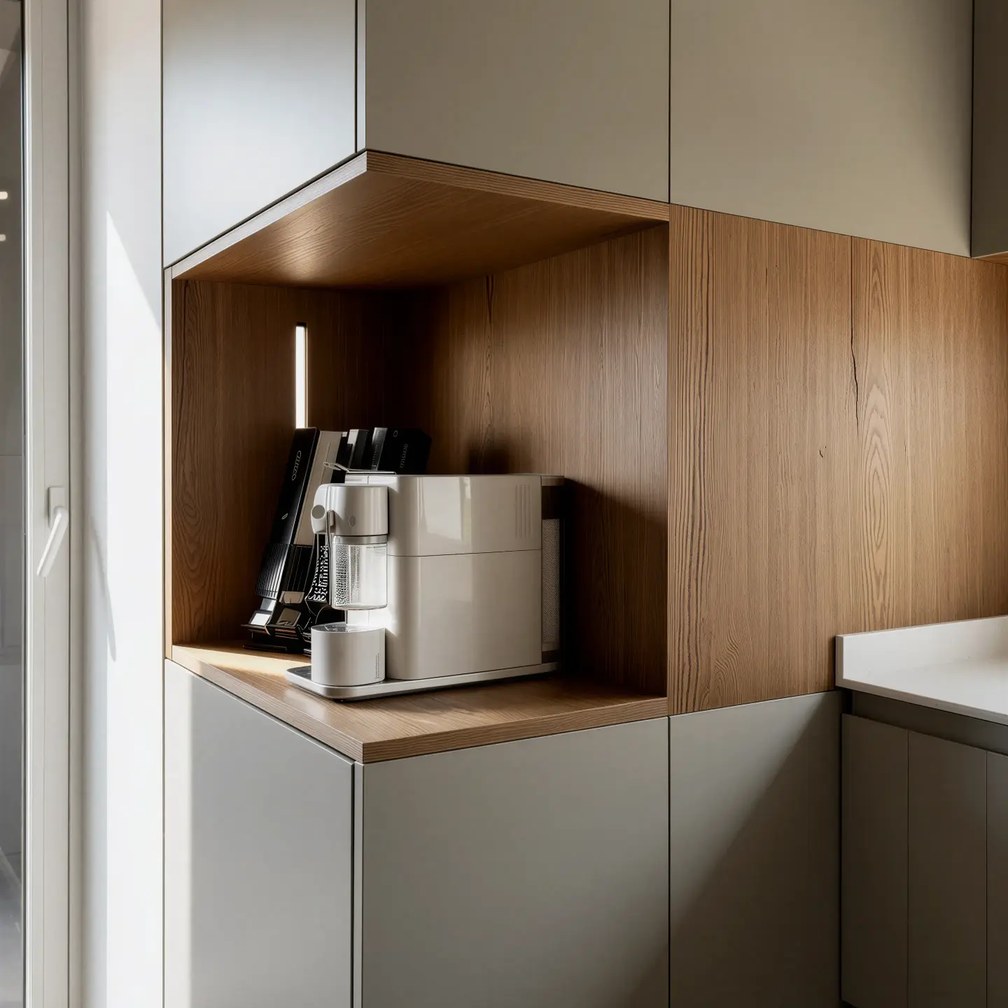 Mueble alto con hueco de cafetera y frentes de madera y gris verdoso