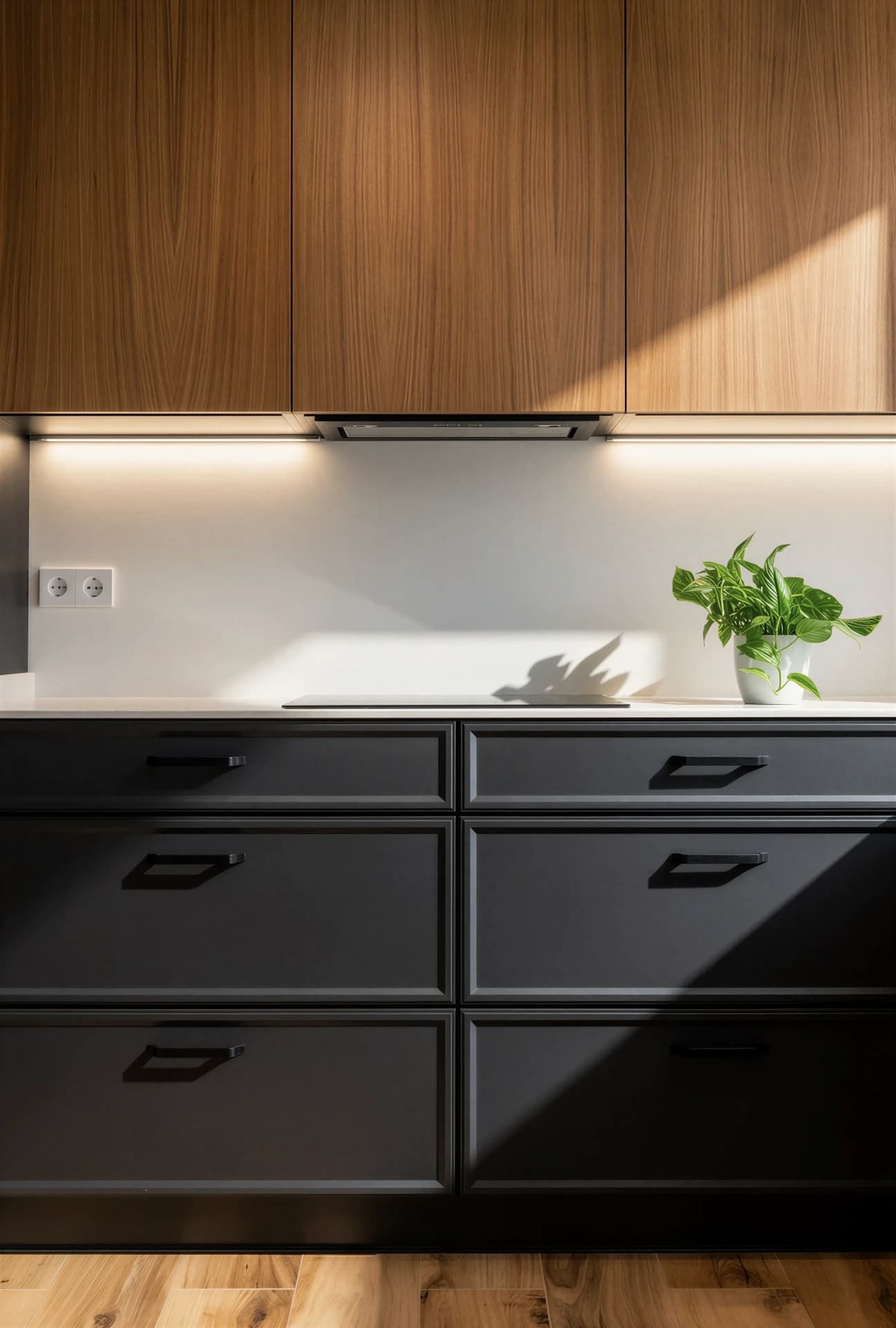 Frente de altos de madera y bajos antracita con marco, bajo la línea de luz continua