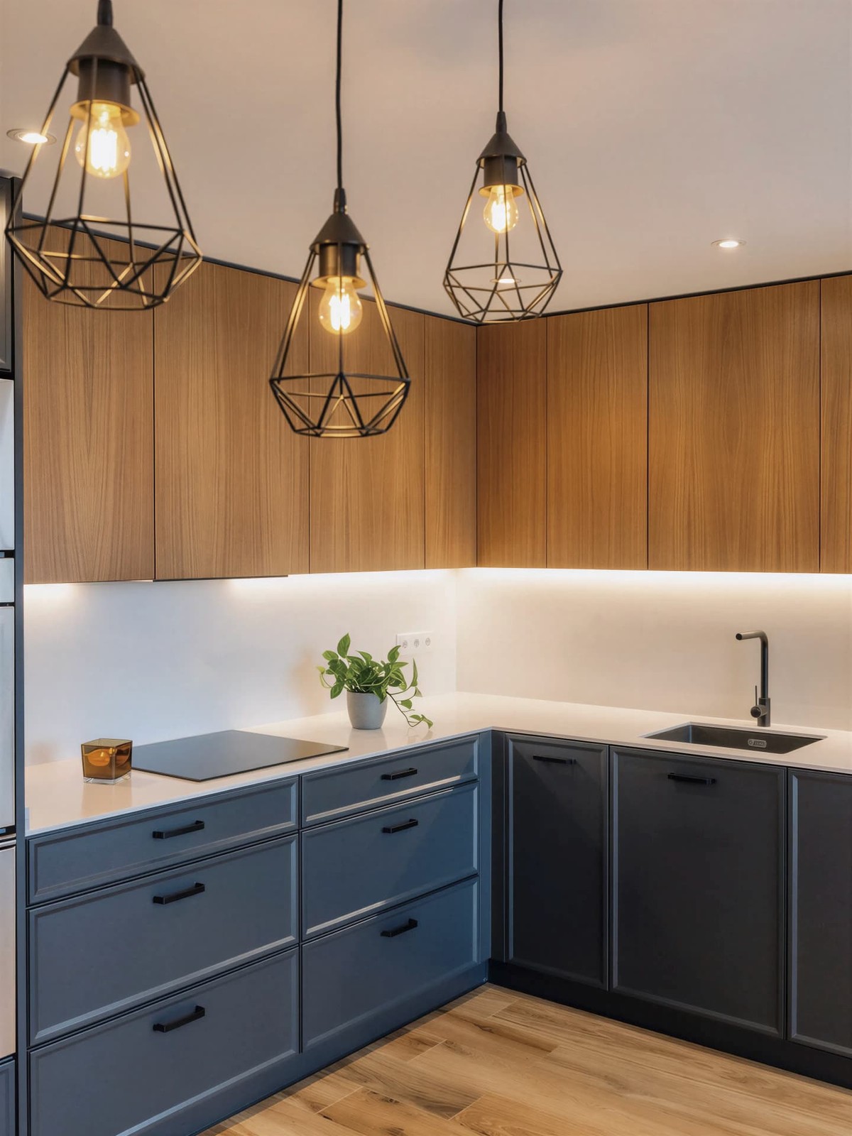 Vista general de la cocina en L con lámparas colgantes y altos de madera