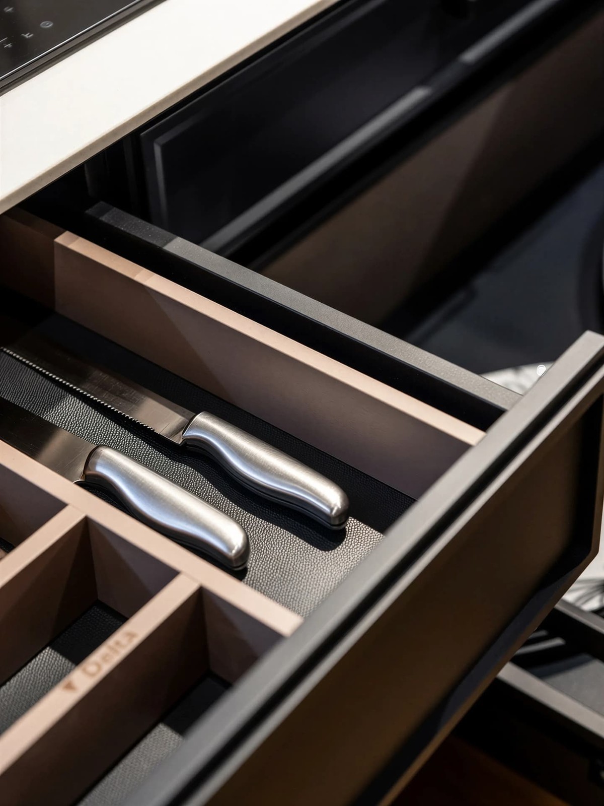Detalle del interior del cajón con separadores de madera