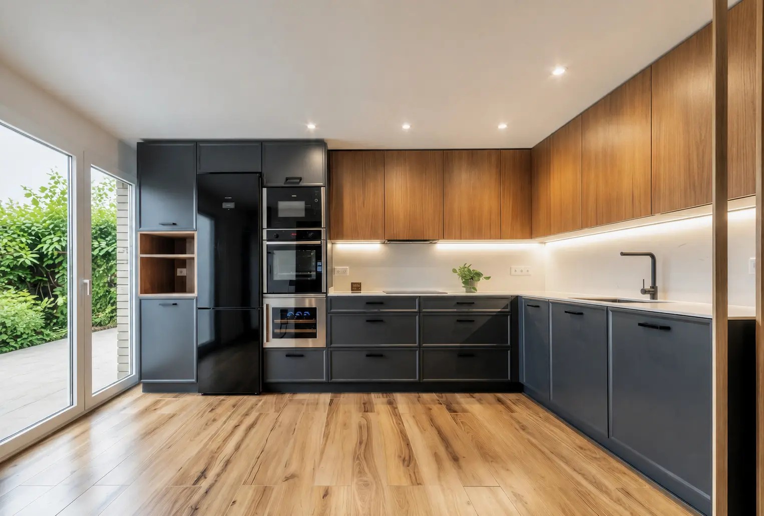 Cocina en L con frentes antracita, altos de madera y ventanal al jardín