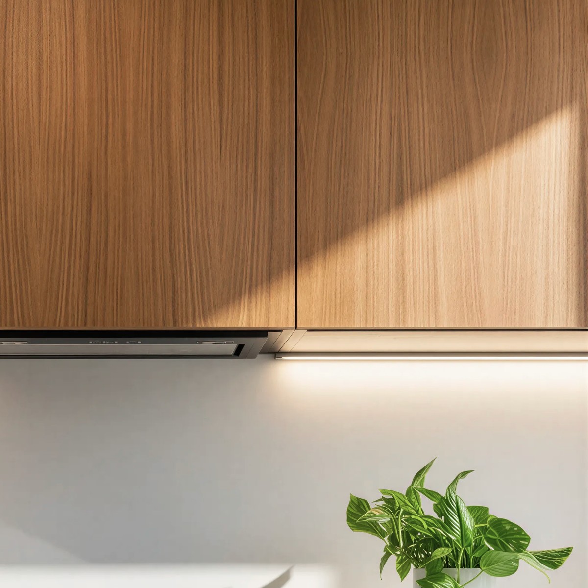 Frente alto de madera de veta vertical con la línea de luz bajo el módulo