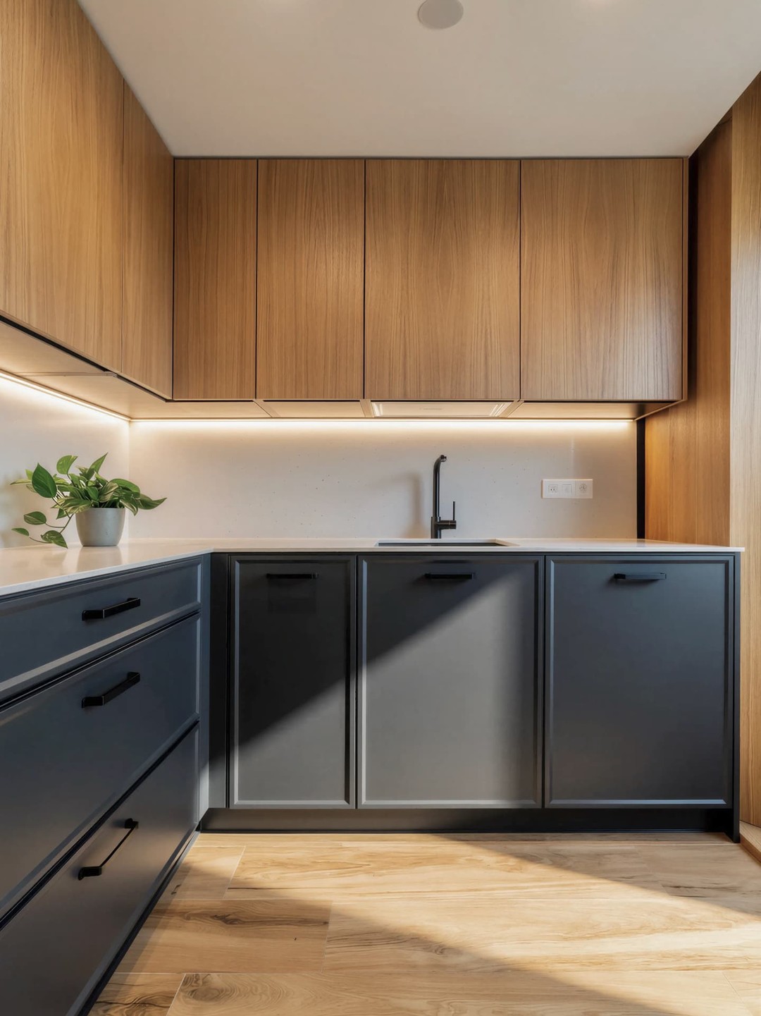 Esquina de la cocina con frentes antracita, altos de roble y luz rasante sobre el suelo