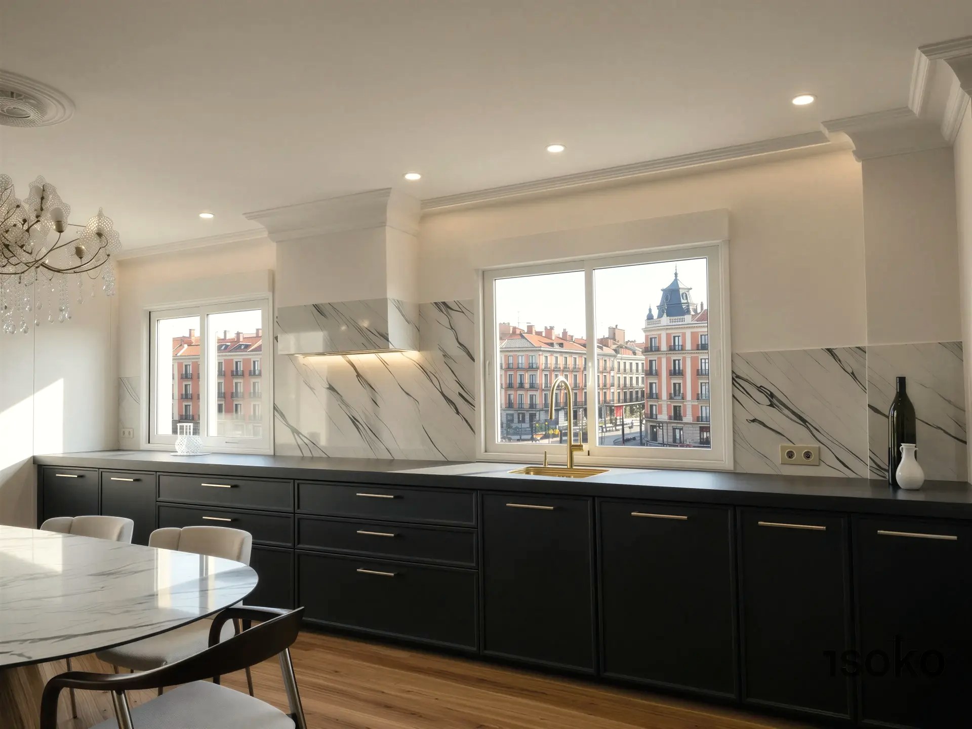 Frente corrido de cocina y comedor bajo las dos ventanas, con el mármol de fondo
