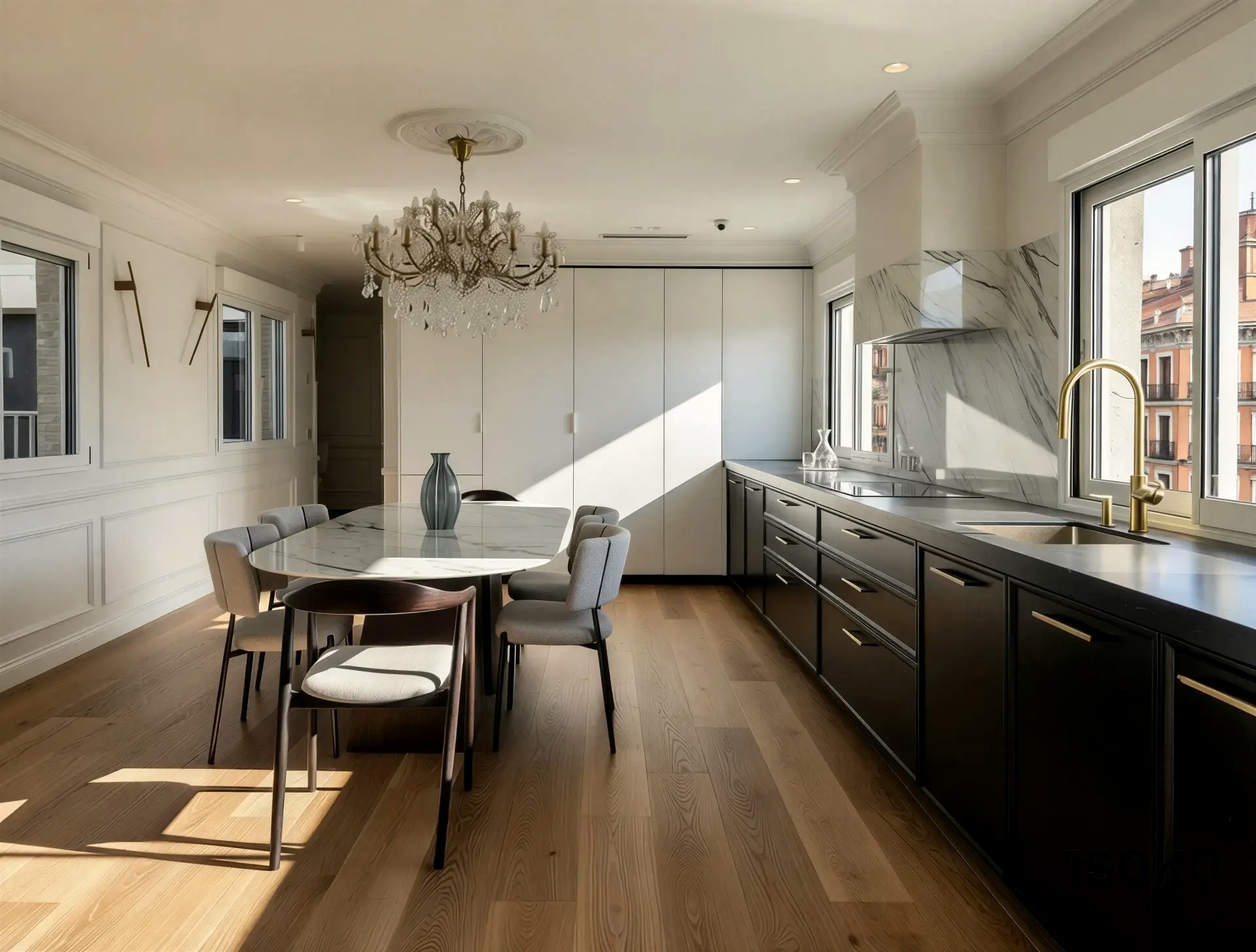 Comedor con mesa de mármol y frente oscuro corrido de la cocina bajo la luz de la mañana