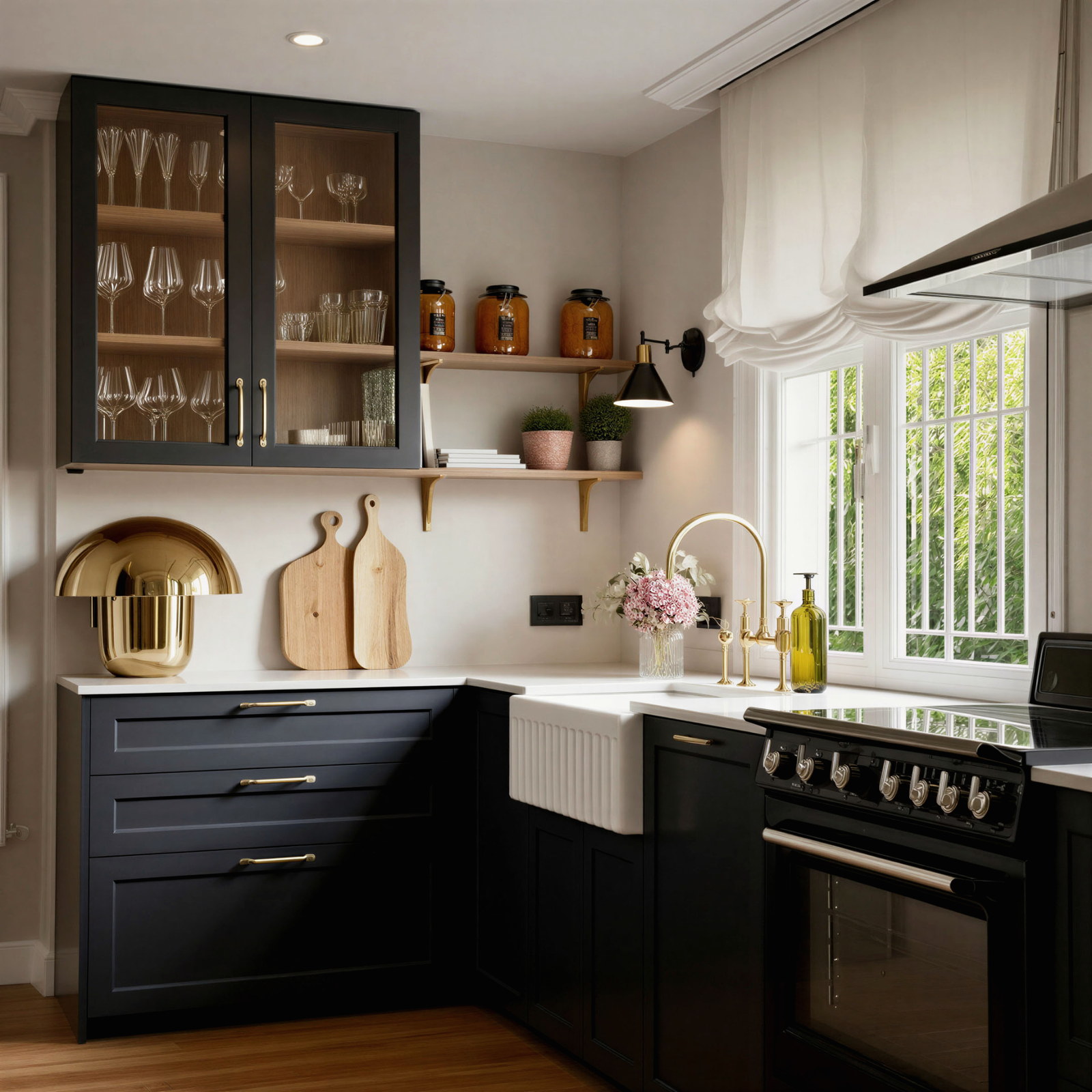 Rincón de la cocina con vitrina oscura, balda de madera y fregadero de porcelana junto a la ventana