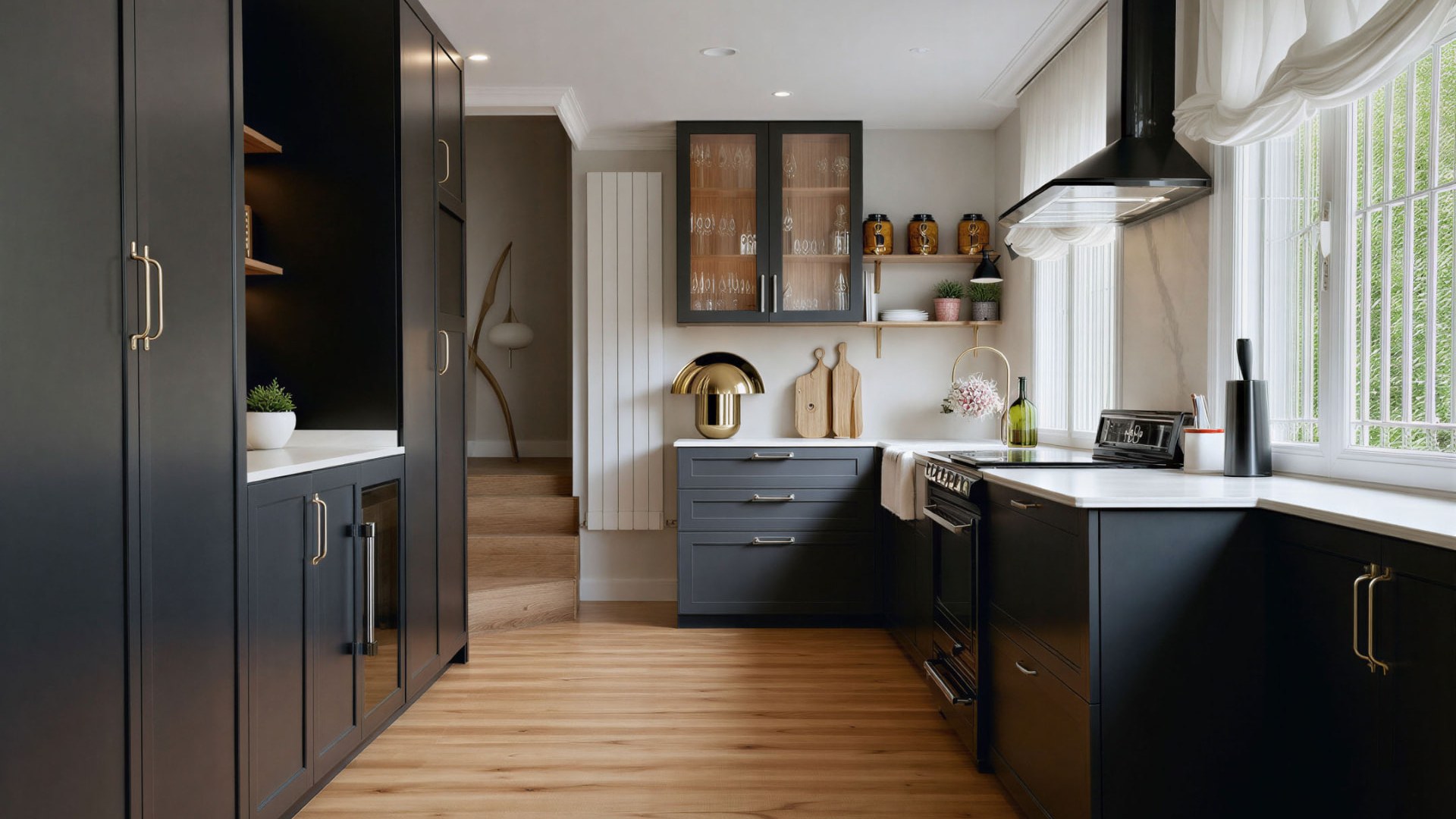 Cocina de frentes oscuros con columna alta, encimera clara y ventana al jardín