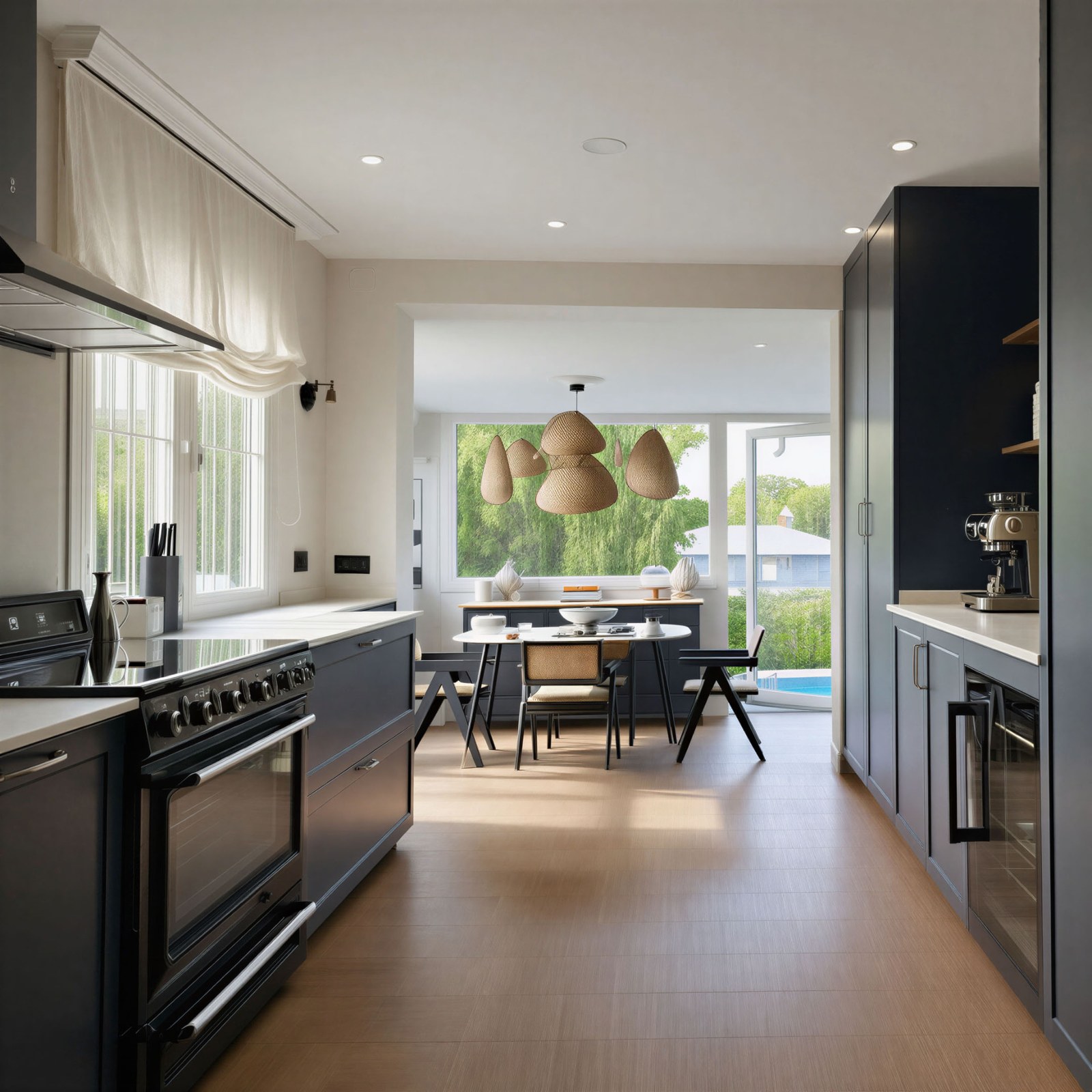 Cocina alargada abierta al comedor, con luz natural entrando por la ventana