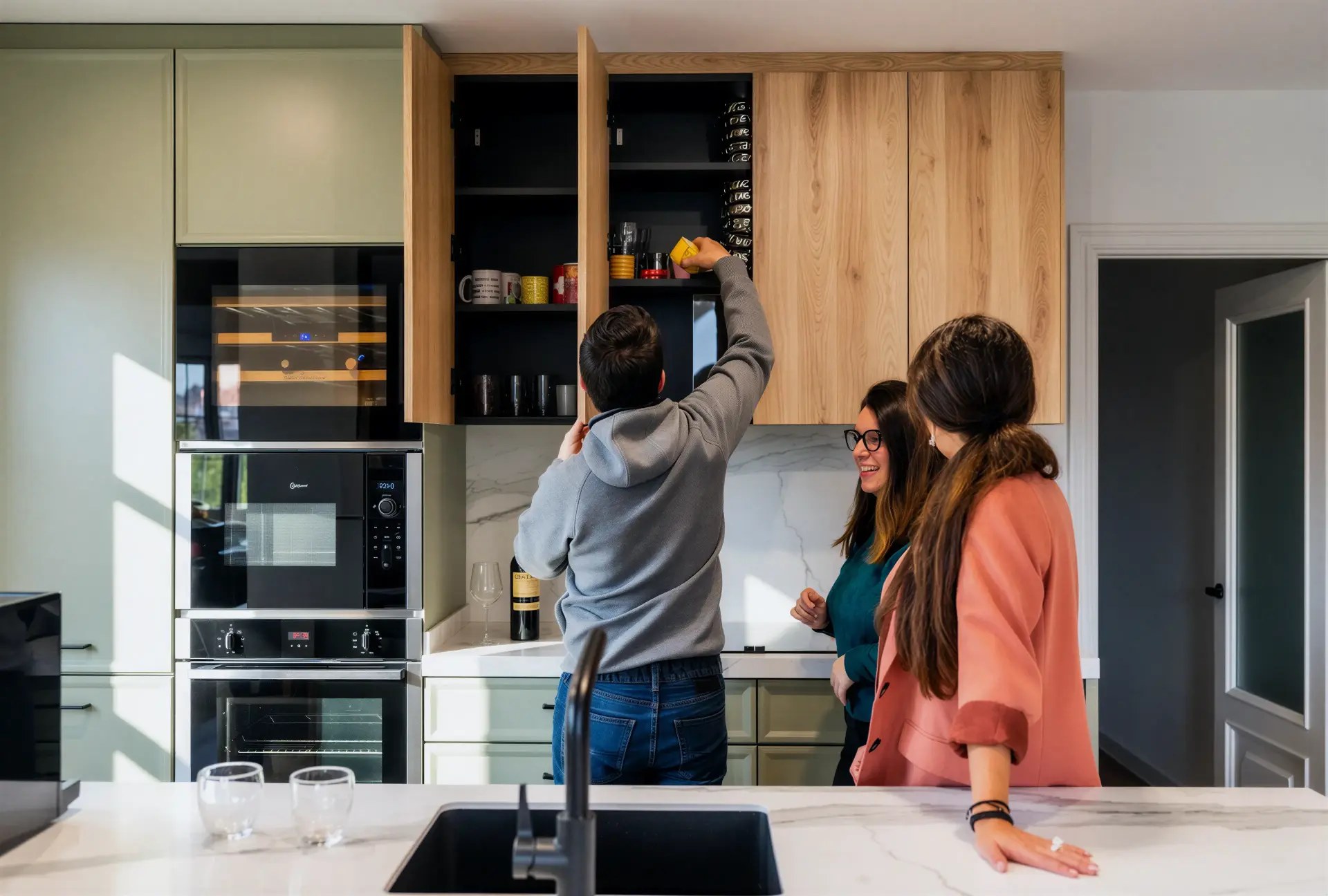 Tres personas revisando el interior de los altos de roble durante la entrega de la cocina